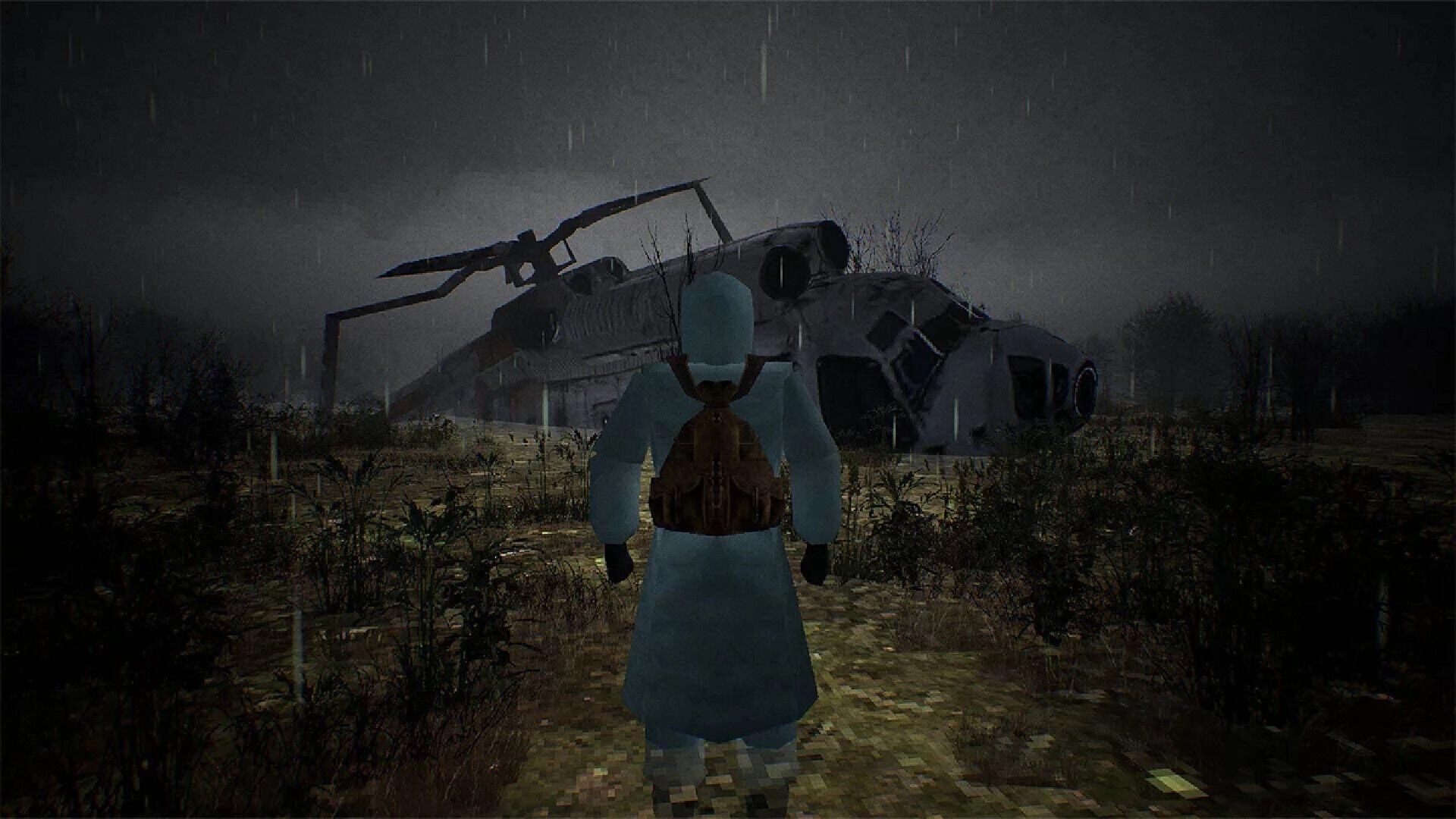 MISERY: Lone survivor facing crashed helicopter in desolate, rain-soaked wasteland environment