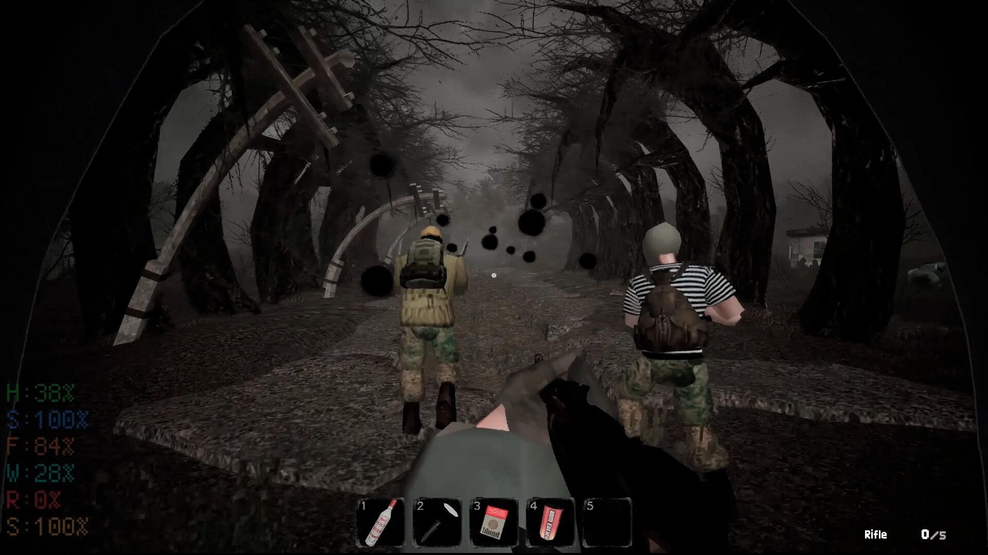 MISERY: Two players traverse a dark forest path with visible health and inventory UI elements