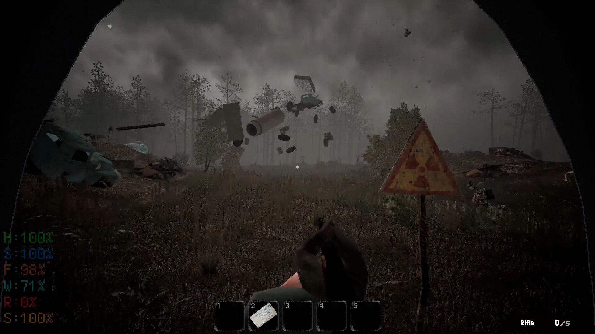 MISERY: Player explores a desolate forest with floating debris and a radiation warning sign visible
