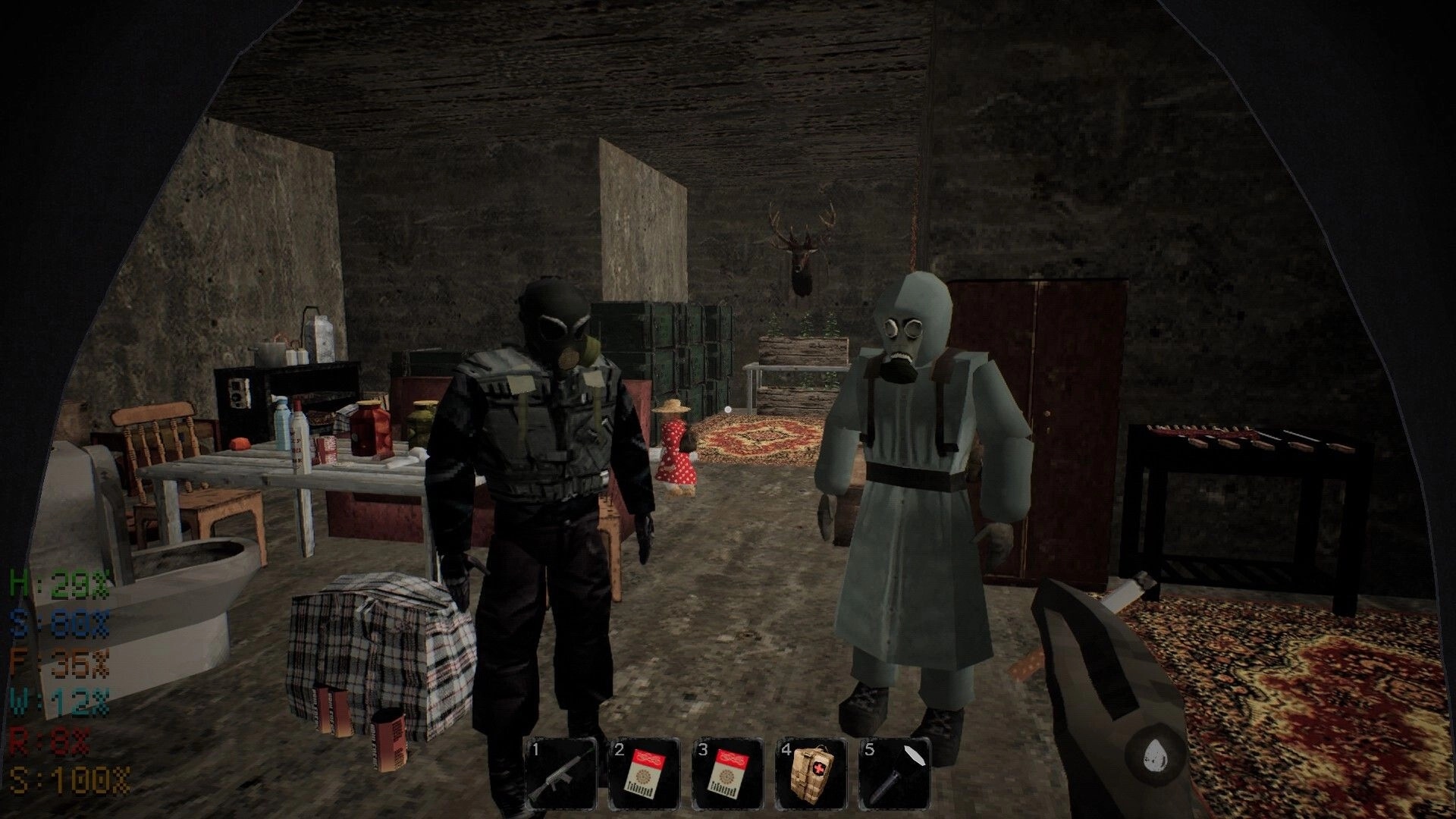 MISERY: Two characters in gas masks in a bunker, surrounded by supplies and a visible health interface.