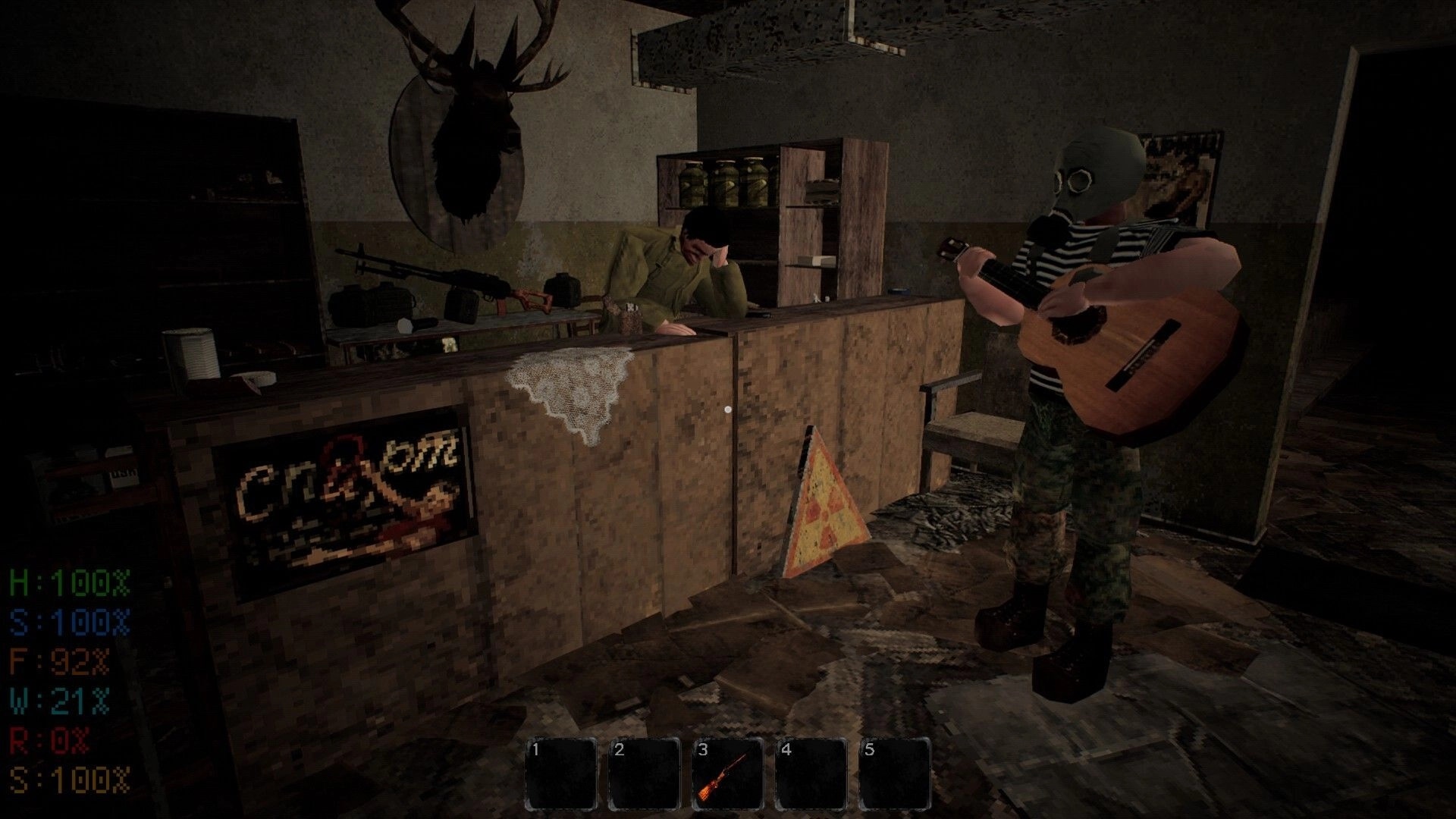 MISERY: Character with gas mask plays guitar in dimly lit room with a person resting at a counter