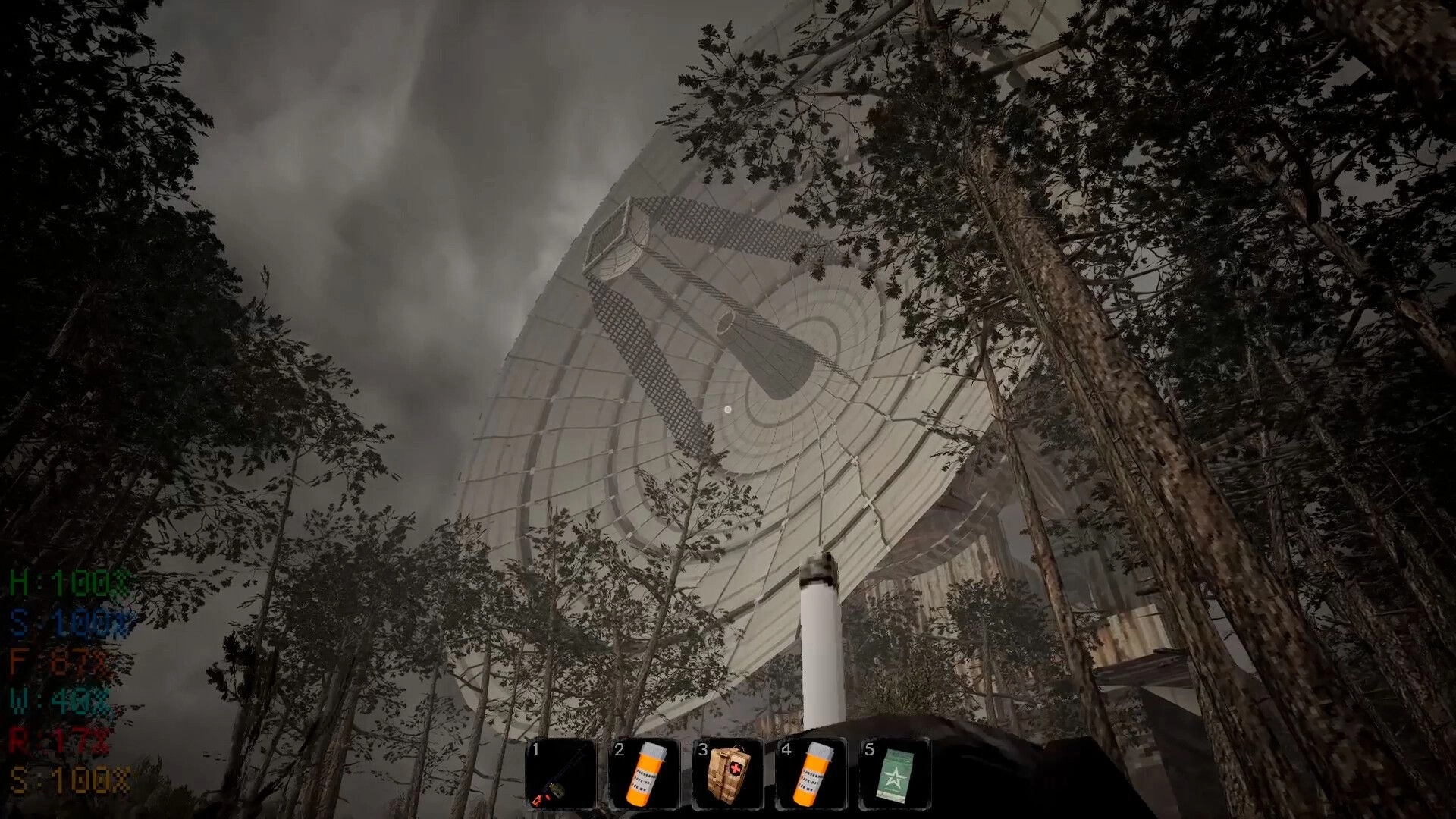 MISERY: Exploring forest with massive satellite dish, inventory icons visible at bottom of screen.