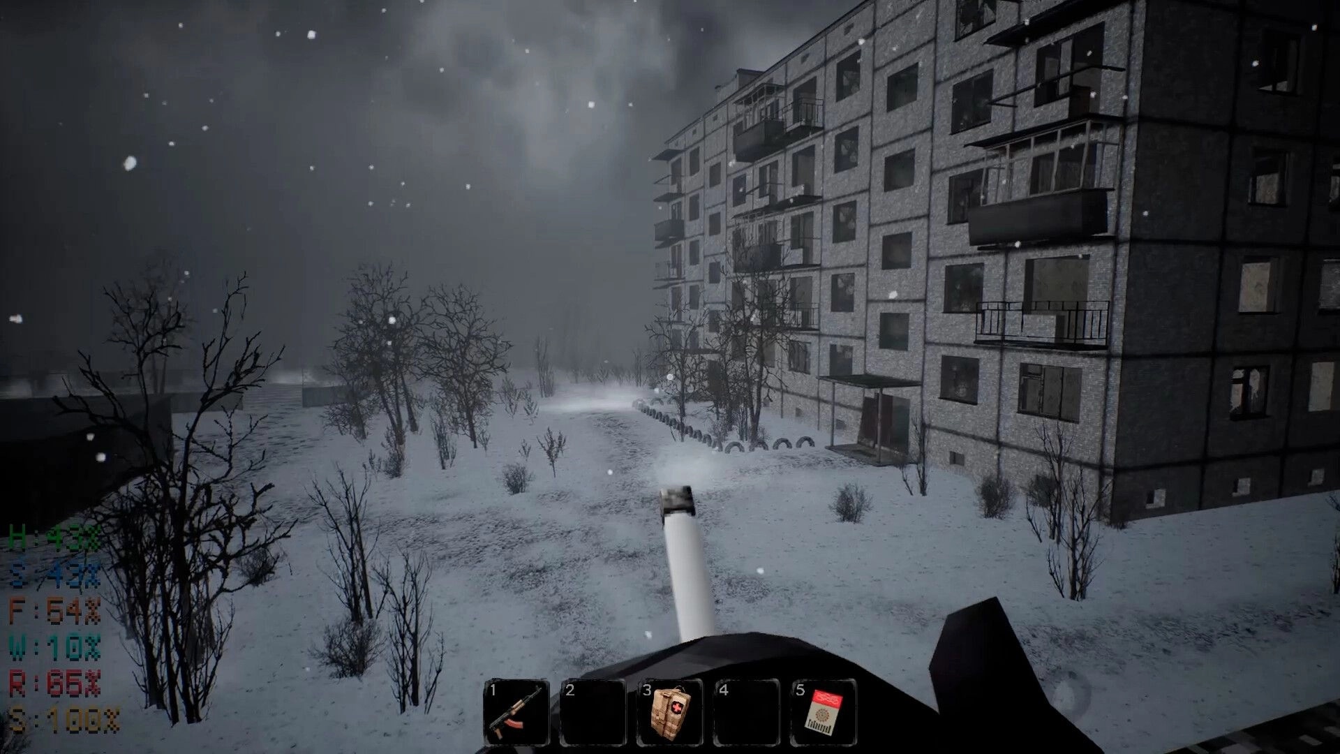 MISERY: First-person view with HUD in snowy urban landscape near an abandoned building in nuclear zone.