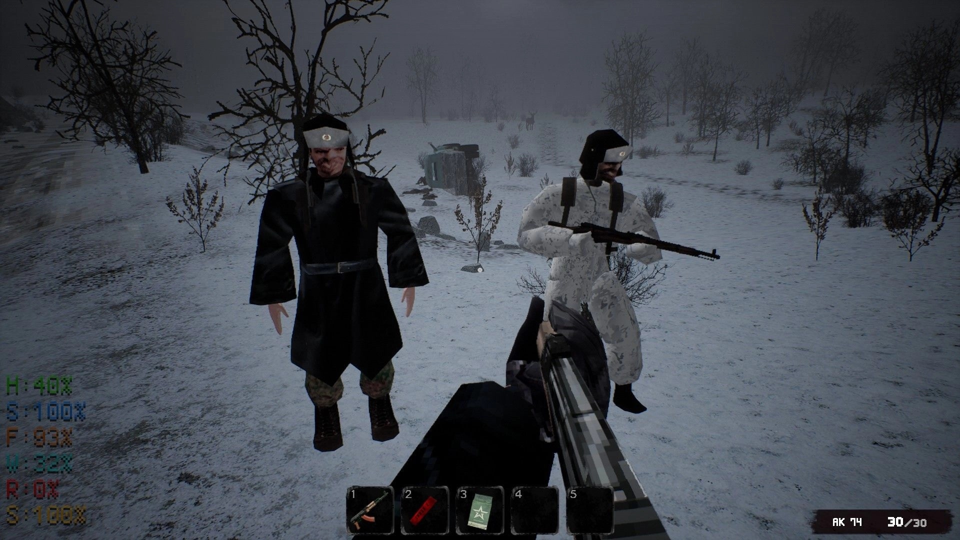 MISERY: First-person view with armed allies in snowy wasteland, showing health and inventory UI elements.