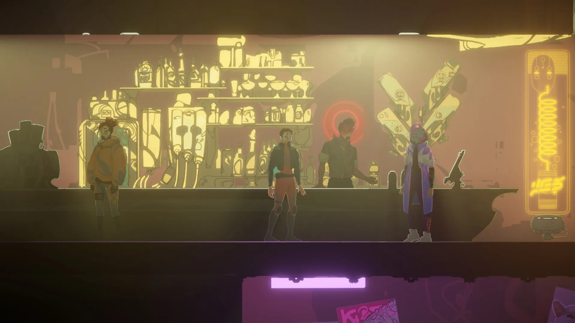 Misgiven: Characters in a dimly lit bar with a neon-lit shelf of bottles and a mysterious bartender