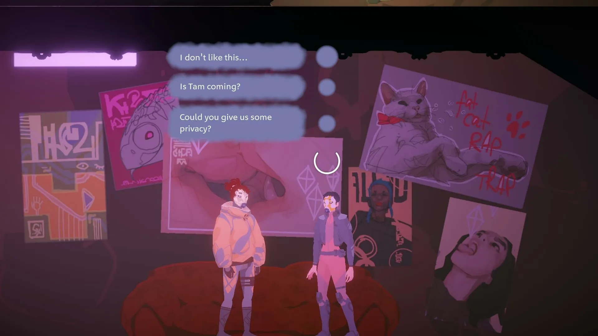 Misgiven: Two characters converse in front of vibrant posters in a dimly lit room with dialogue options.