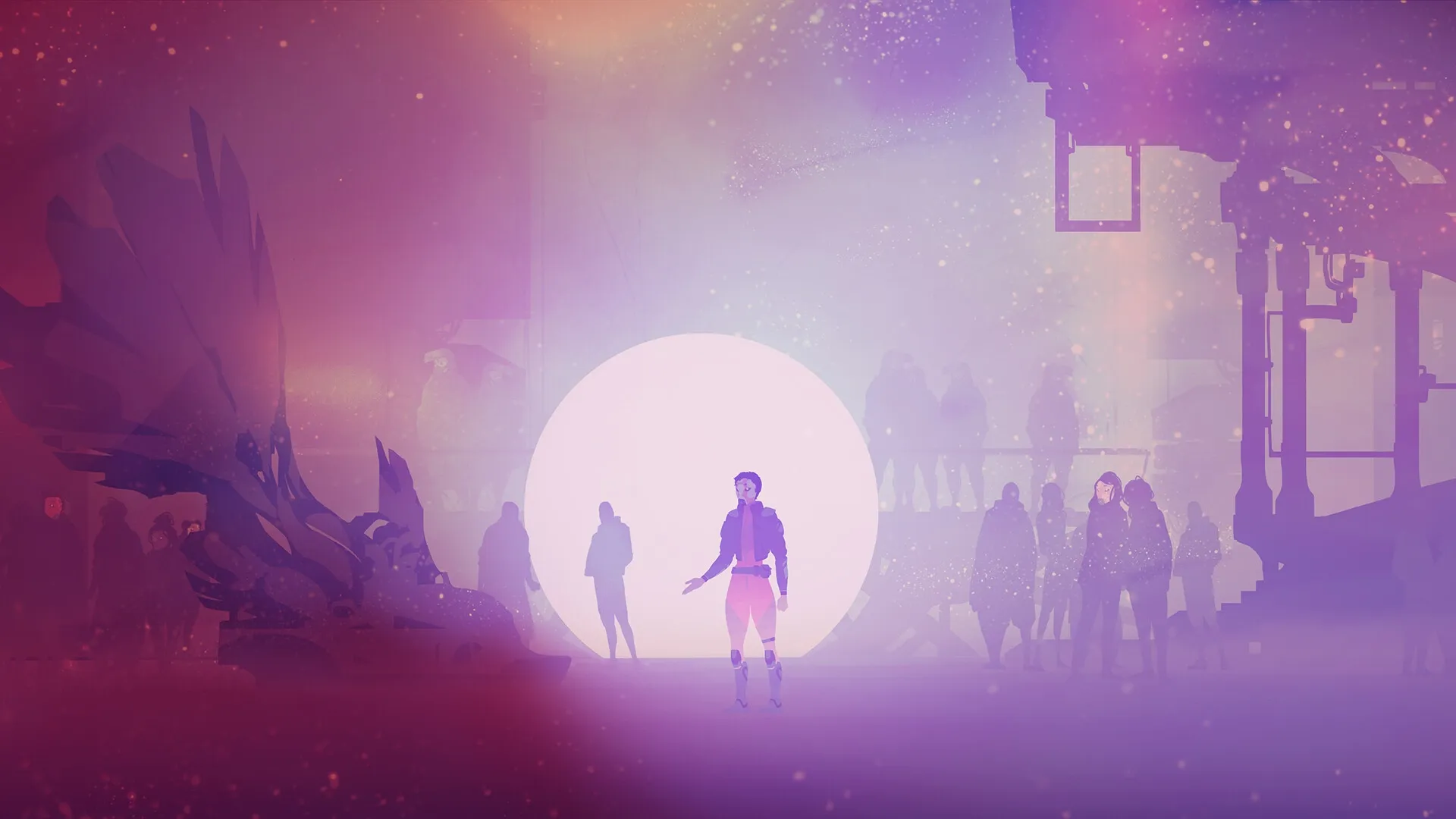 Misgiven: Lone character stands before glowing orb in foggy cityscape, surrounded by shadowy figures