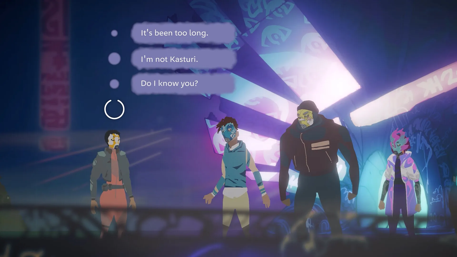 Misgiven: Three masked characters engage in dialogue options under neon lights in a foggy city setting.