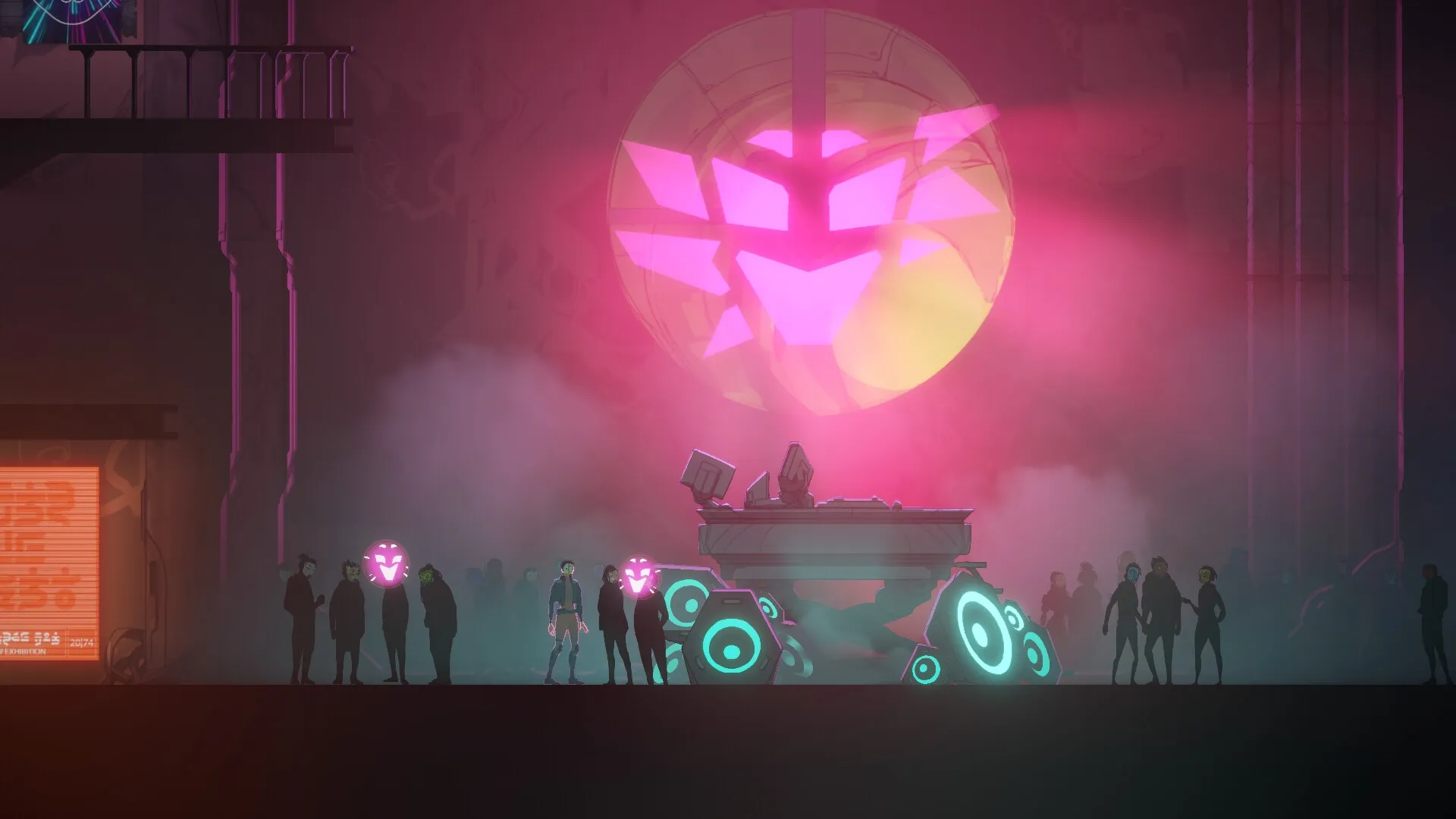 Misgiven: Characters gather under neon lights with masks in foggy cityscape near large glowing DJ booth