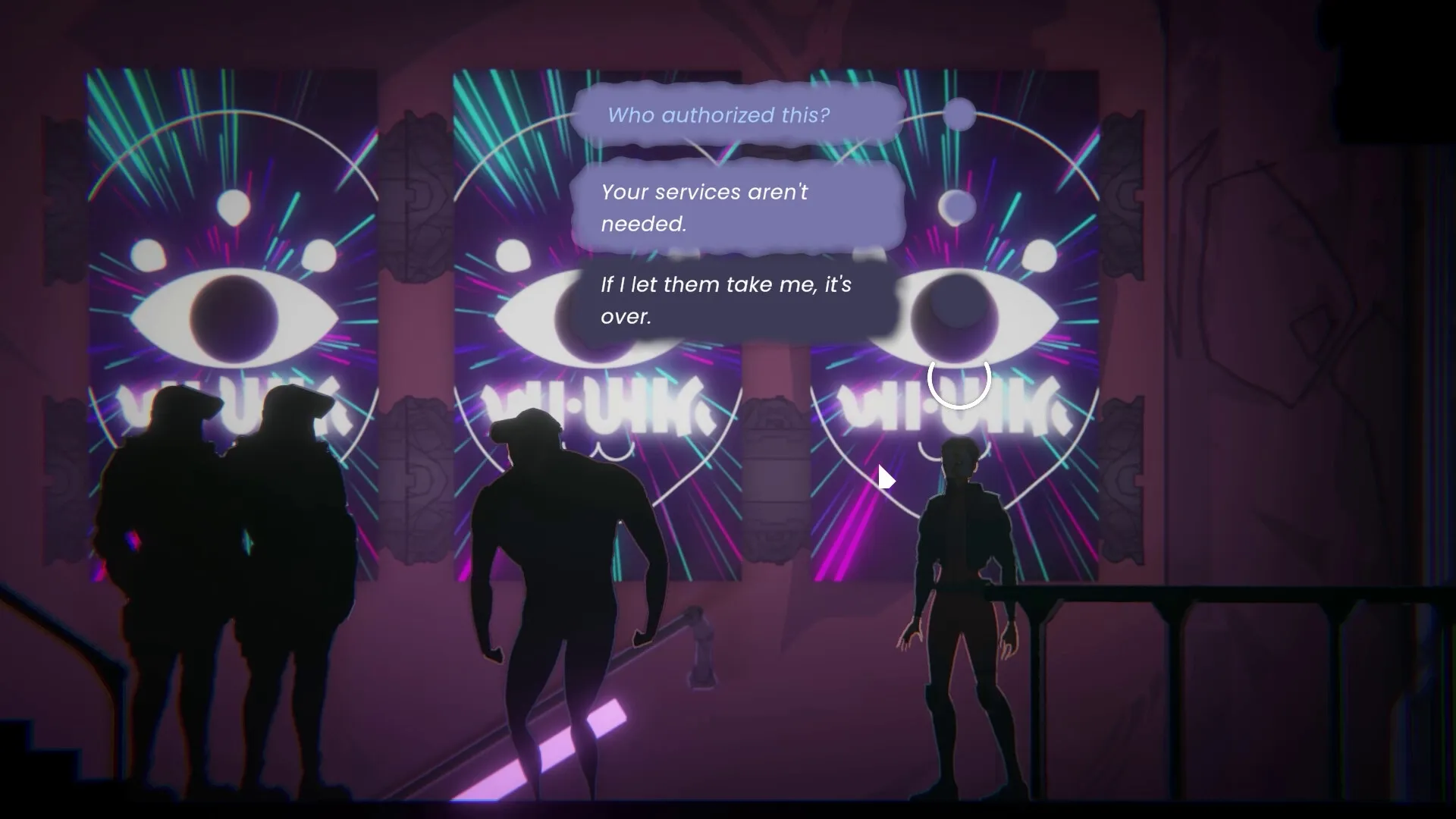 Misgiven: Silhouetted characters face a neon-lit wall with dialogue options in a fog-veiled city.
