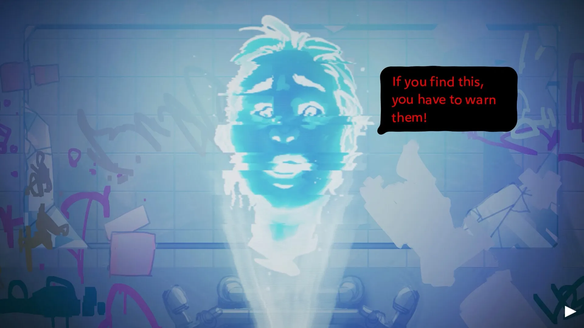Misgiven: Blue holographic face with urgent text in a foggy, graffiti-covered bathroom setting