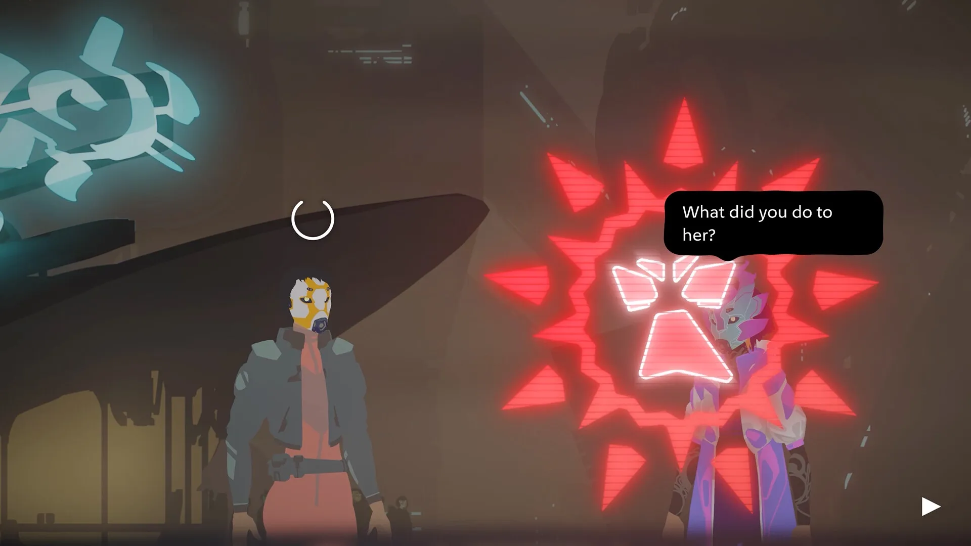 Misgiven: Character with mask confronted by glowing figure in foggy city environment