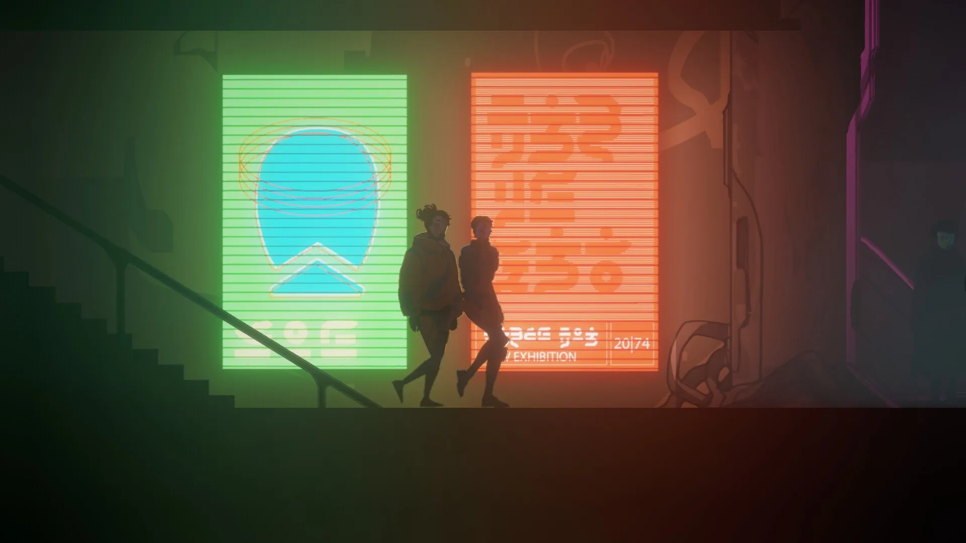 Misgiven: Two characters walk past neon signs in a dimly lit city corridor shrouded in toxic fog.