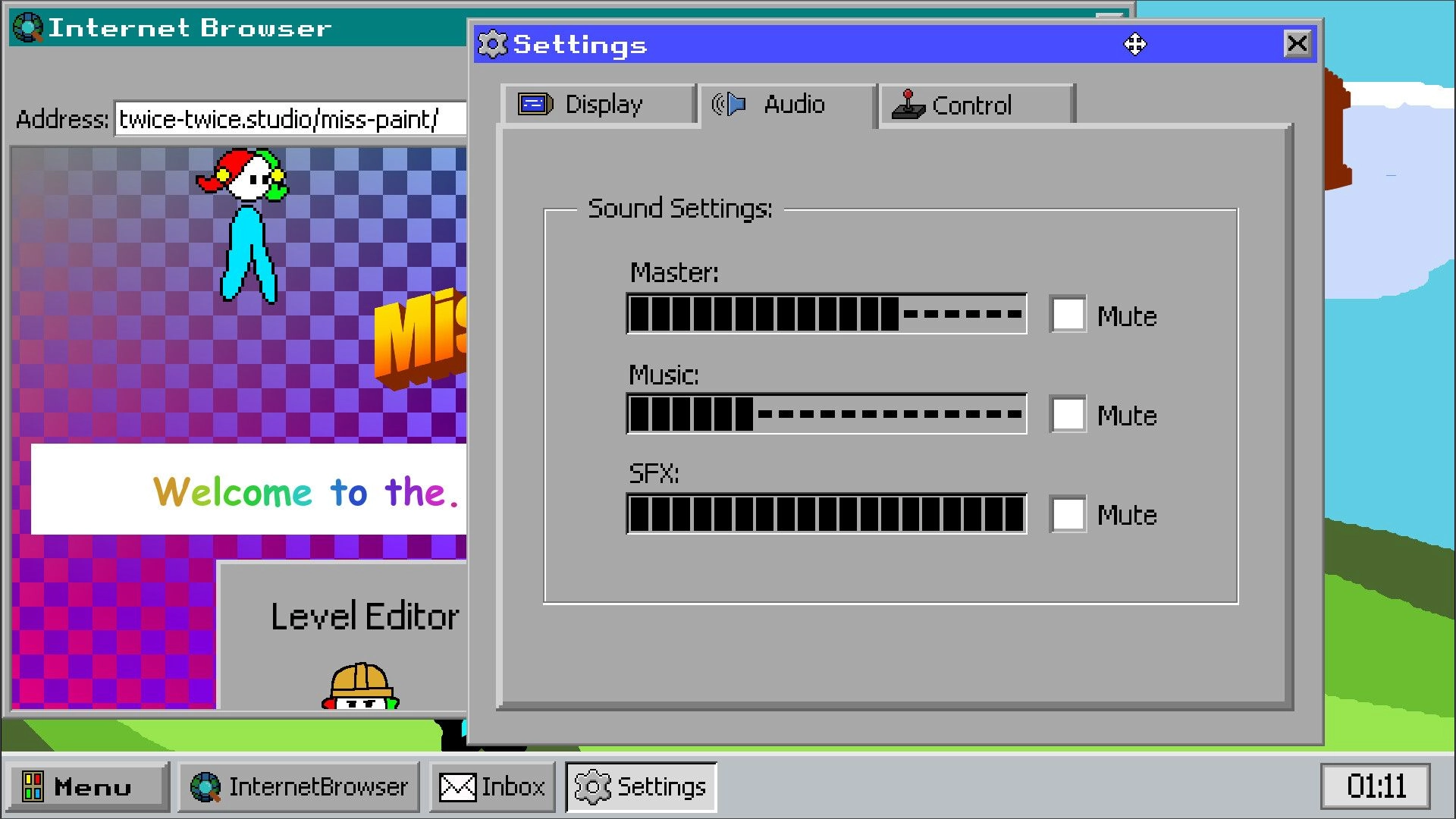Miss Paint: Audio settings menu with master, music, and SFX sliders over an Internet Browser window.
