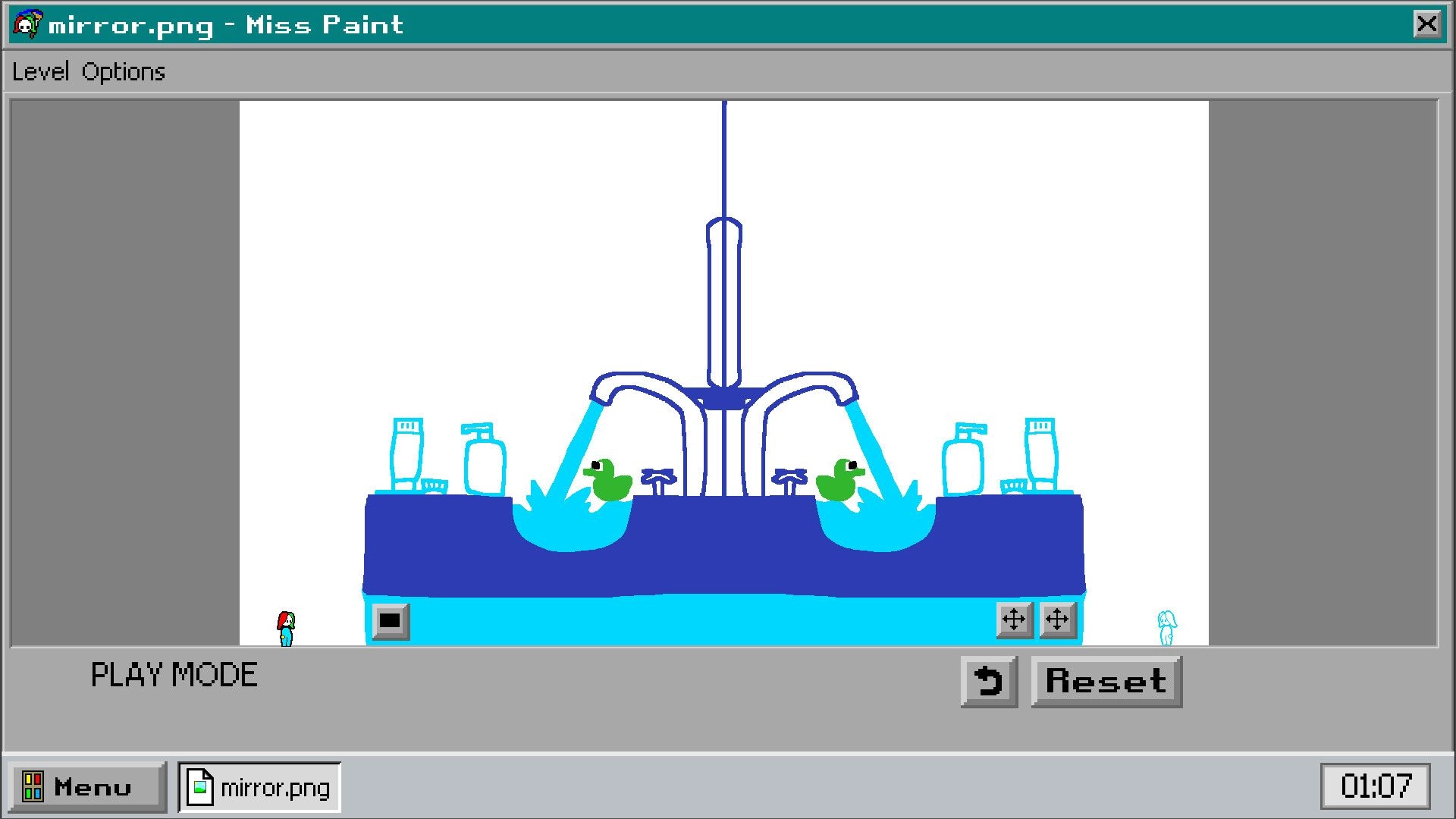 Miss Paint: Level editor view of a bathtub fountain with ducks and bottles in a retro window UI.