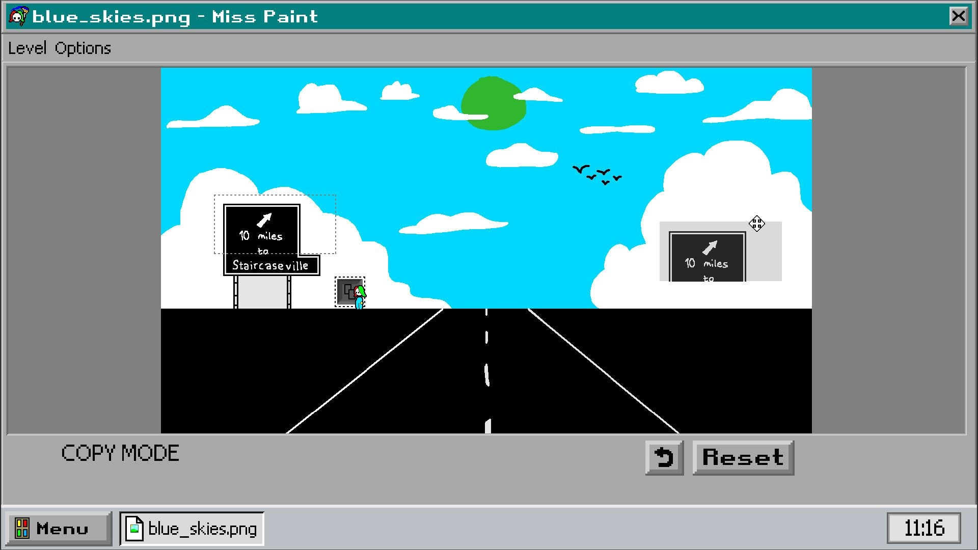 Miss Paint: Copy Mode editing roadside sign blocks on a cloud sky level in a retro desktop window.