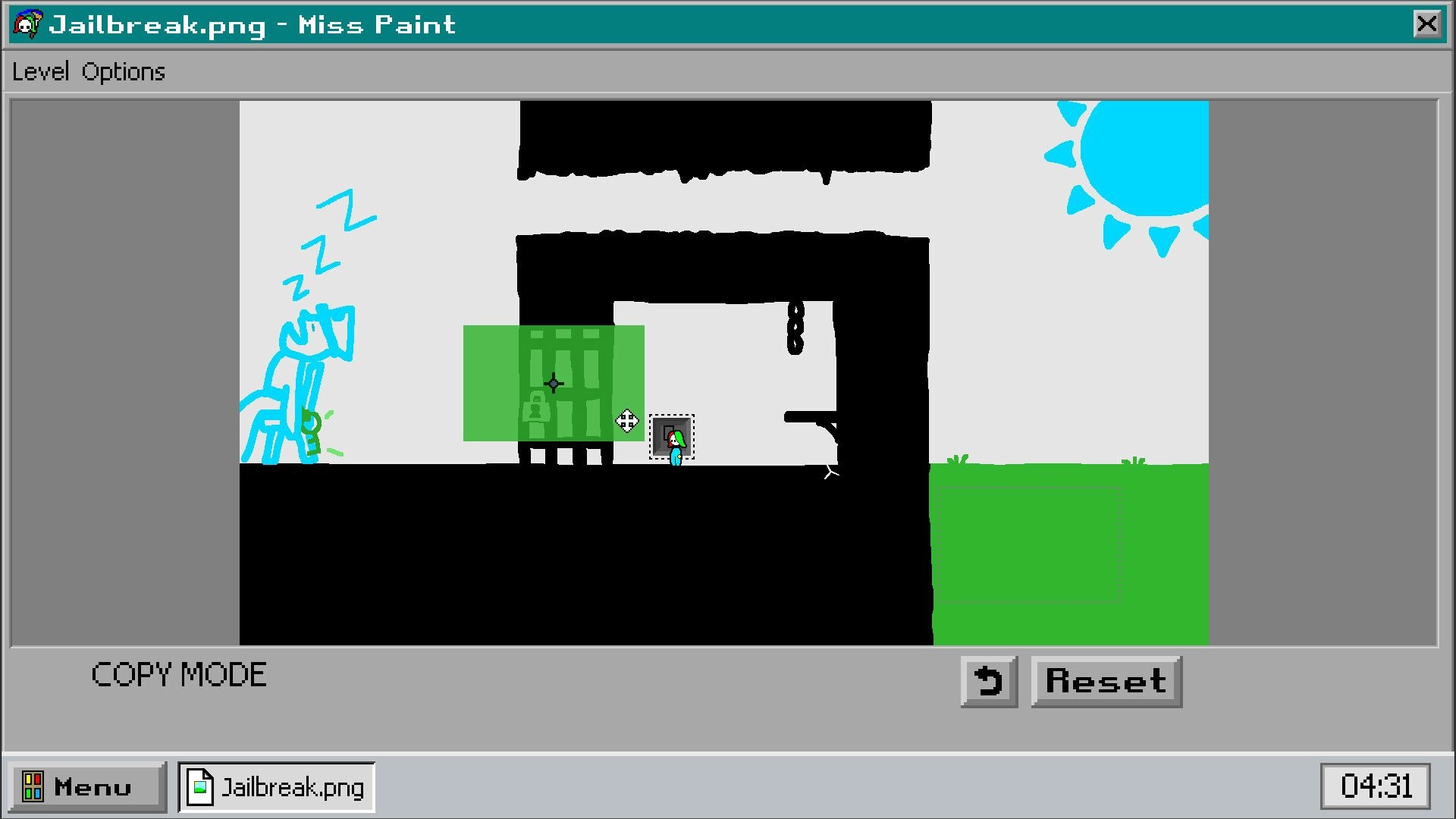 Miss Paint: Copy mode highlights a green jail cell as Miss Paint stands by a door in a PC window.