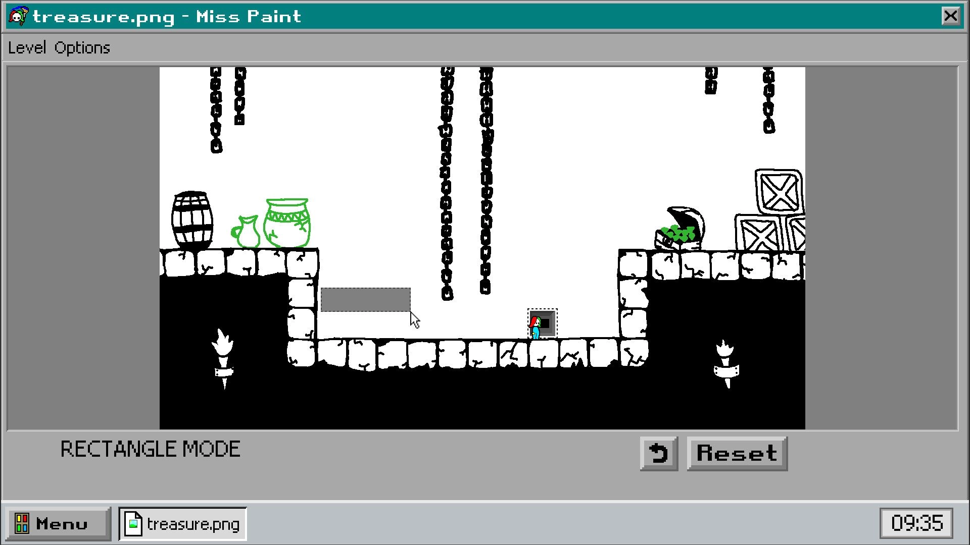 Miss Paint: Level editor in Rectangle Mode with chains, crates, and a small character in a cave room.