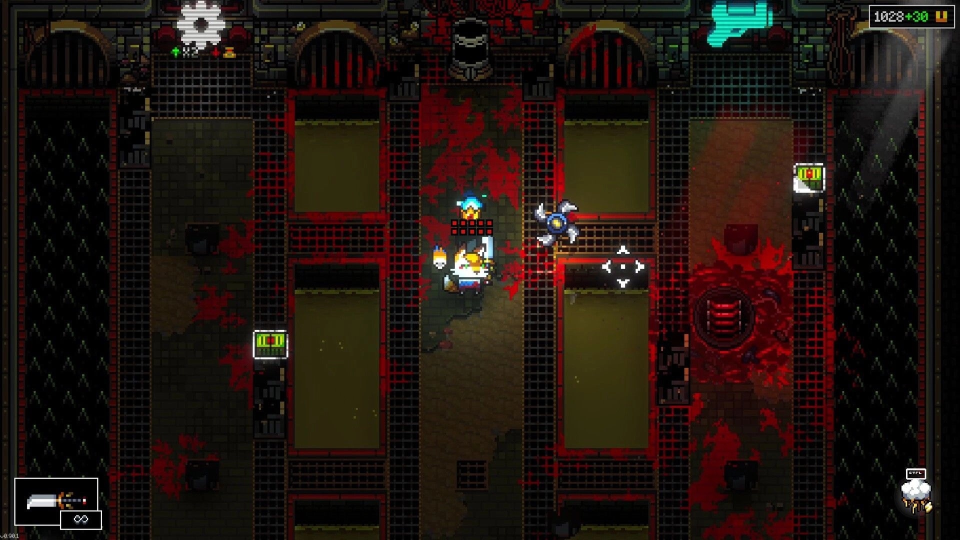 Mission Delta: Top-down shooter with player aiming at a spinning drone in a blood-smeared lab corridor.