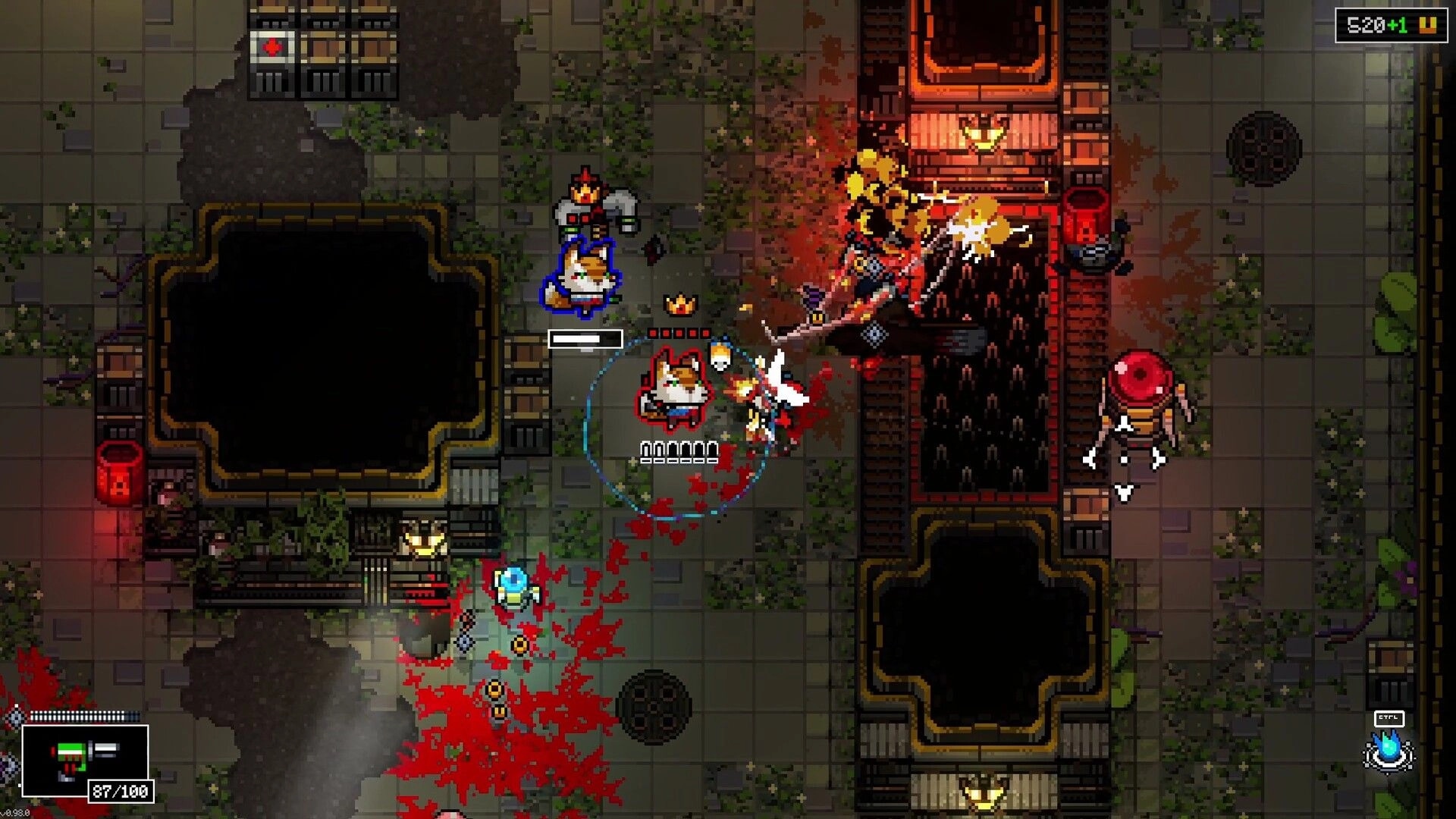 Mission Delta: Top-down firefight with two players and blood splatter in a grimy facility corridor UI timers visible.