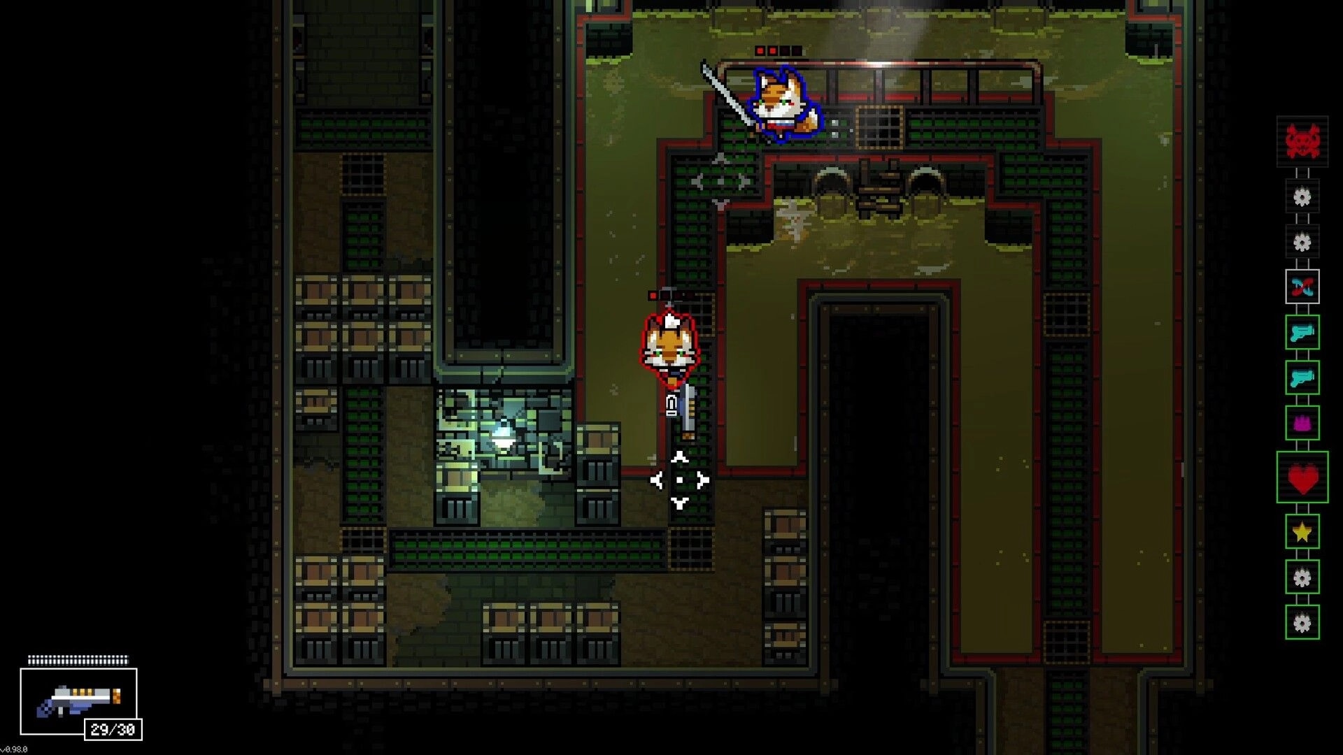 Mission Delta: Two fox-like fighters explore a grimy lab corridor with weapon UI and perk icons.