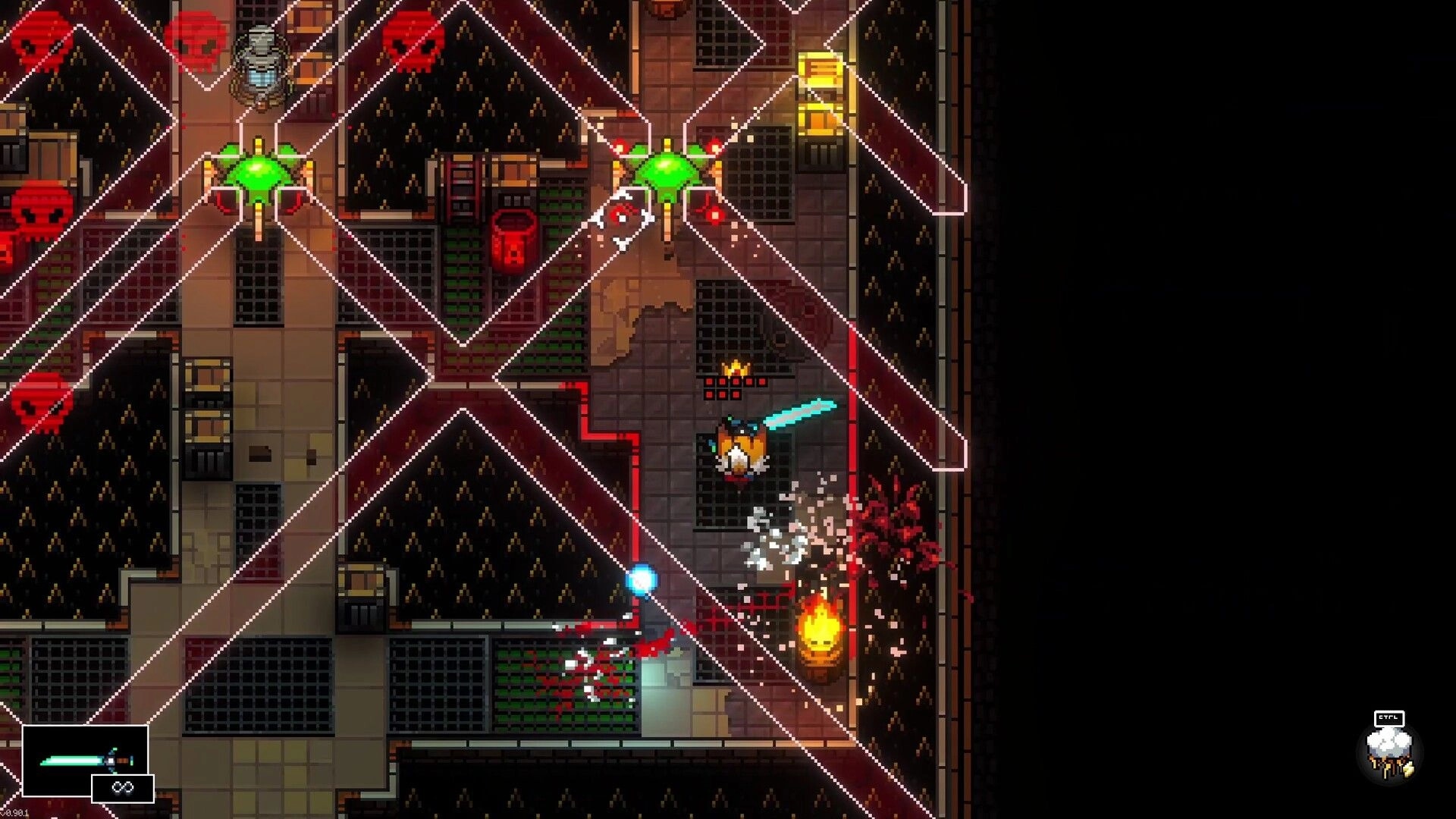 Mission Delta: Top-down firefight with sword-wielding hero dodging lasers in a lab corridor room.