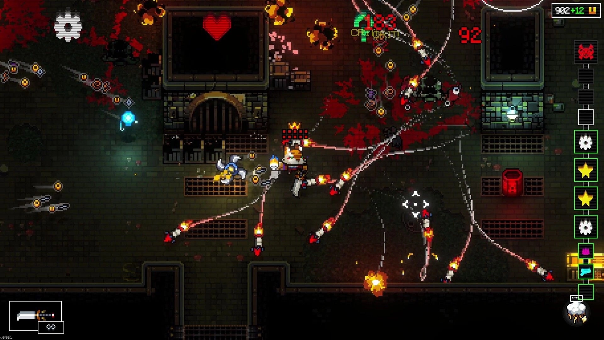 Mission Delta: Top-down firefight with rockets and blood splatter in a grim lab corridor with HUD icons.