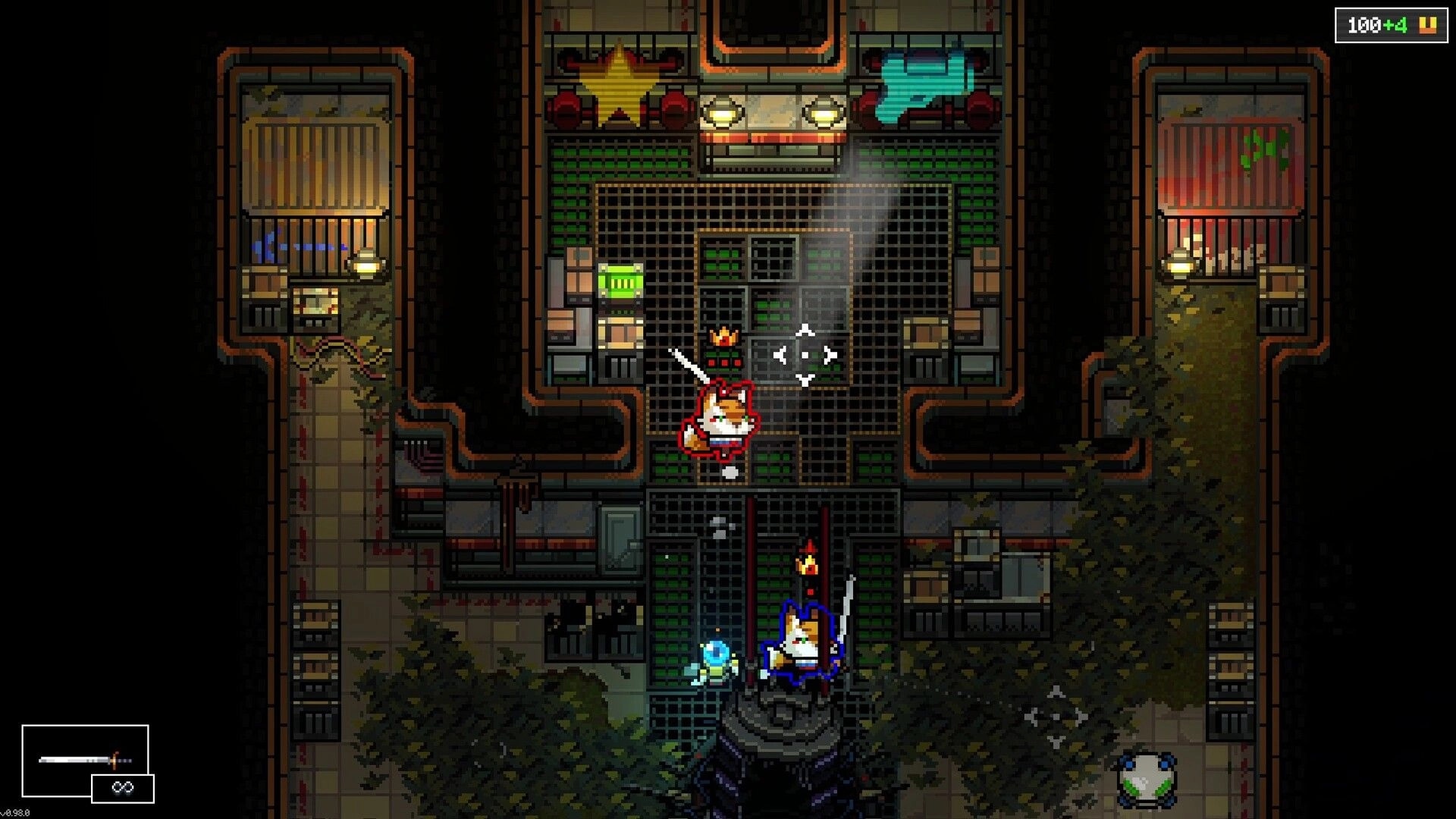Mission Delta: Two co-op fighters with swords on a grated lab floor with crosshair and ammo UI.