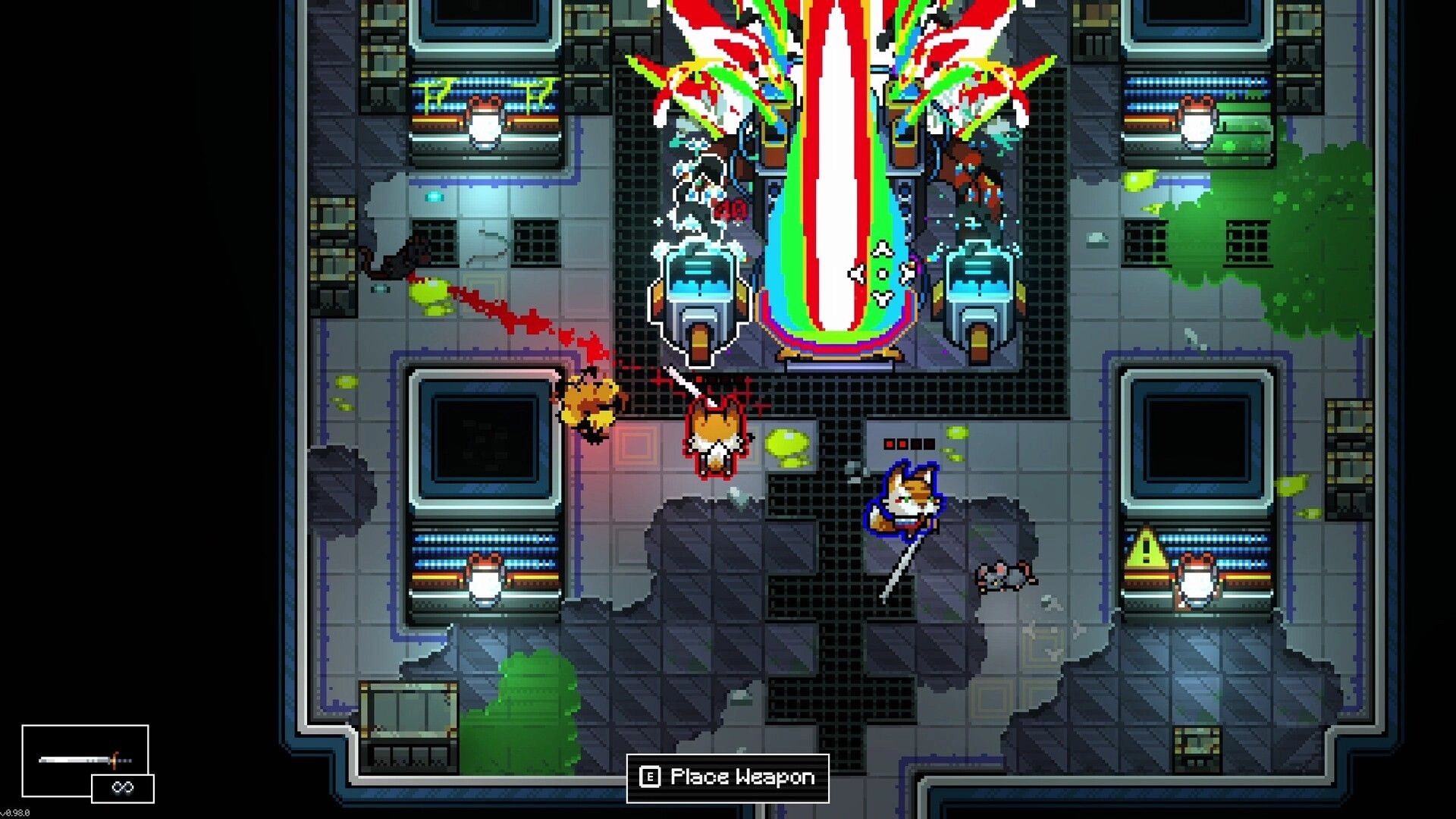 Mission Delta: Two co-op fighters battle in a lab room with rainbow reactor and "E Place Weapon" prompt.