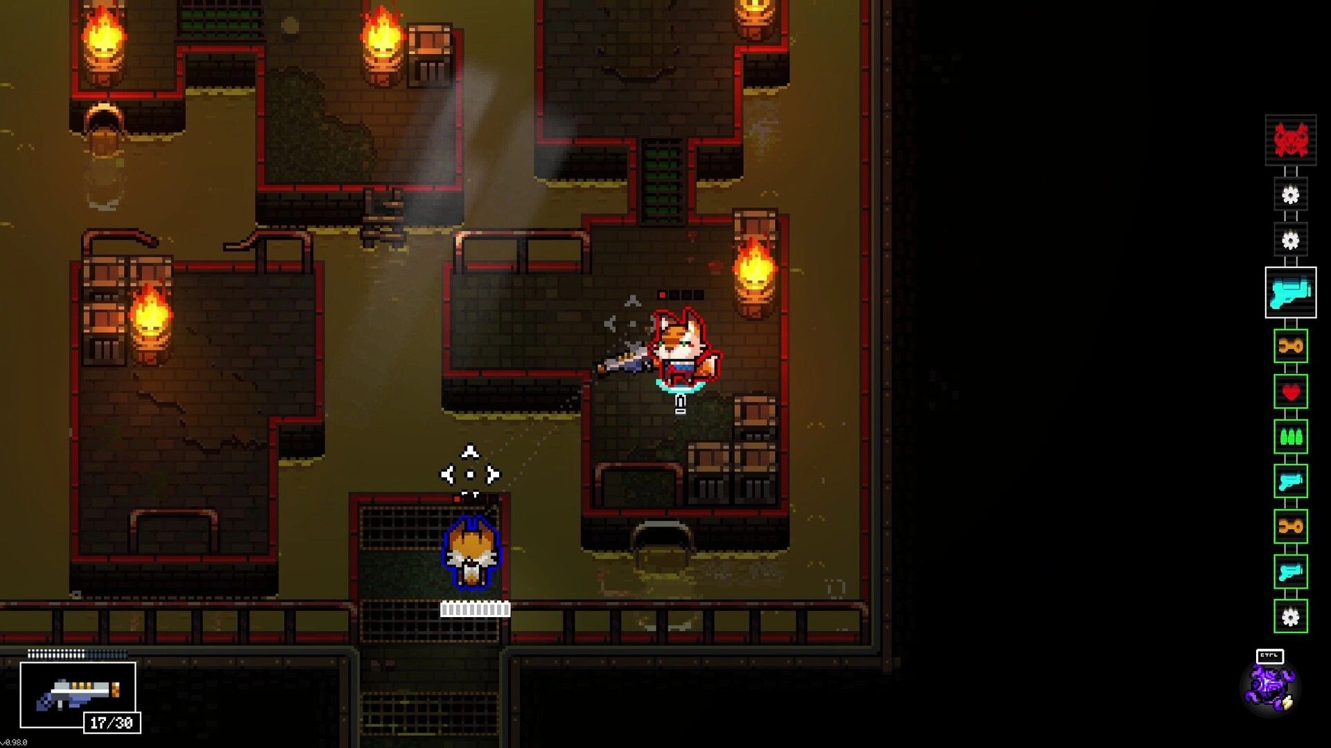 Mission Delta: Two co-op characters aim guns in a torchlit sewer room with ammo and item HUD icons.