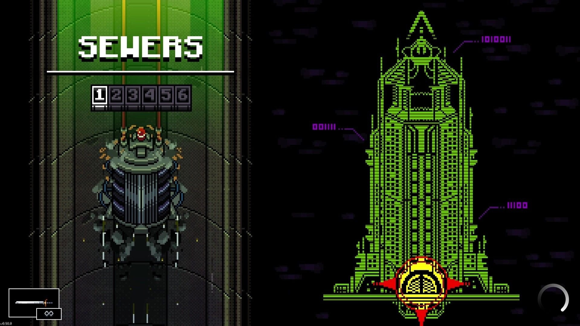 Mission Delta: Sewers level select UI with numbered floors beside a neon skyscraper map screen.