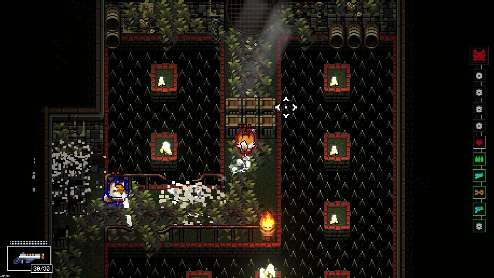Mission Delta: Two co-op players explore a spiked dungeon corridor with ammo HUD and perk icons on right.
