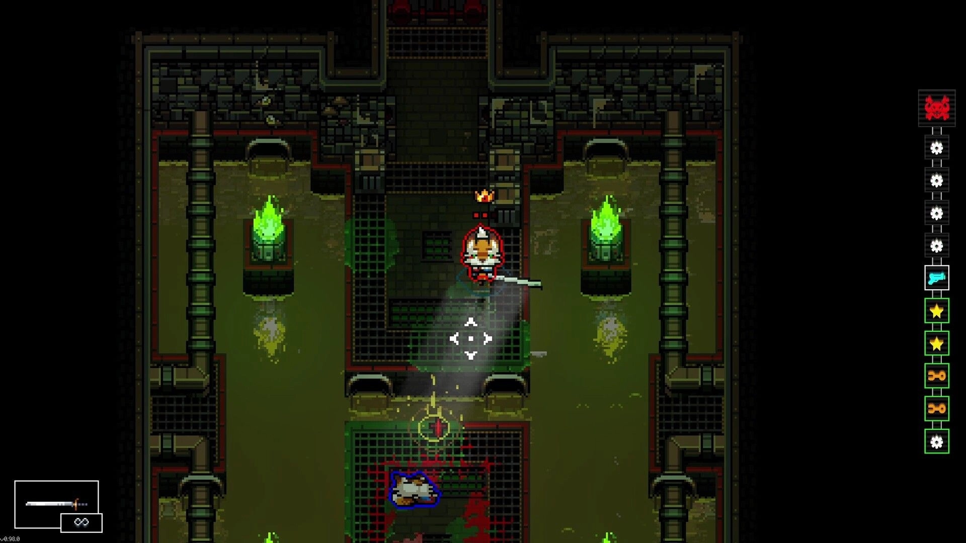Mission Delta: Top-down hero aims rifle on grated walkway above toxic vats in industrial sewer room.