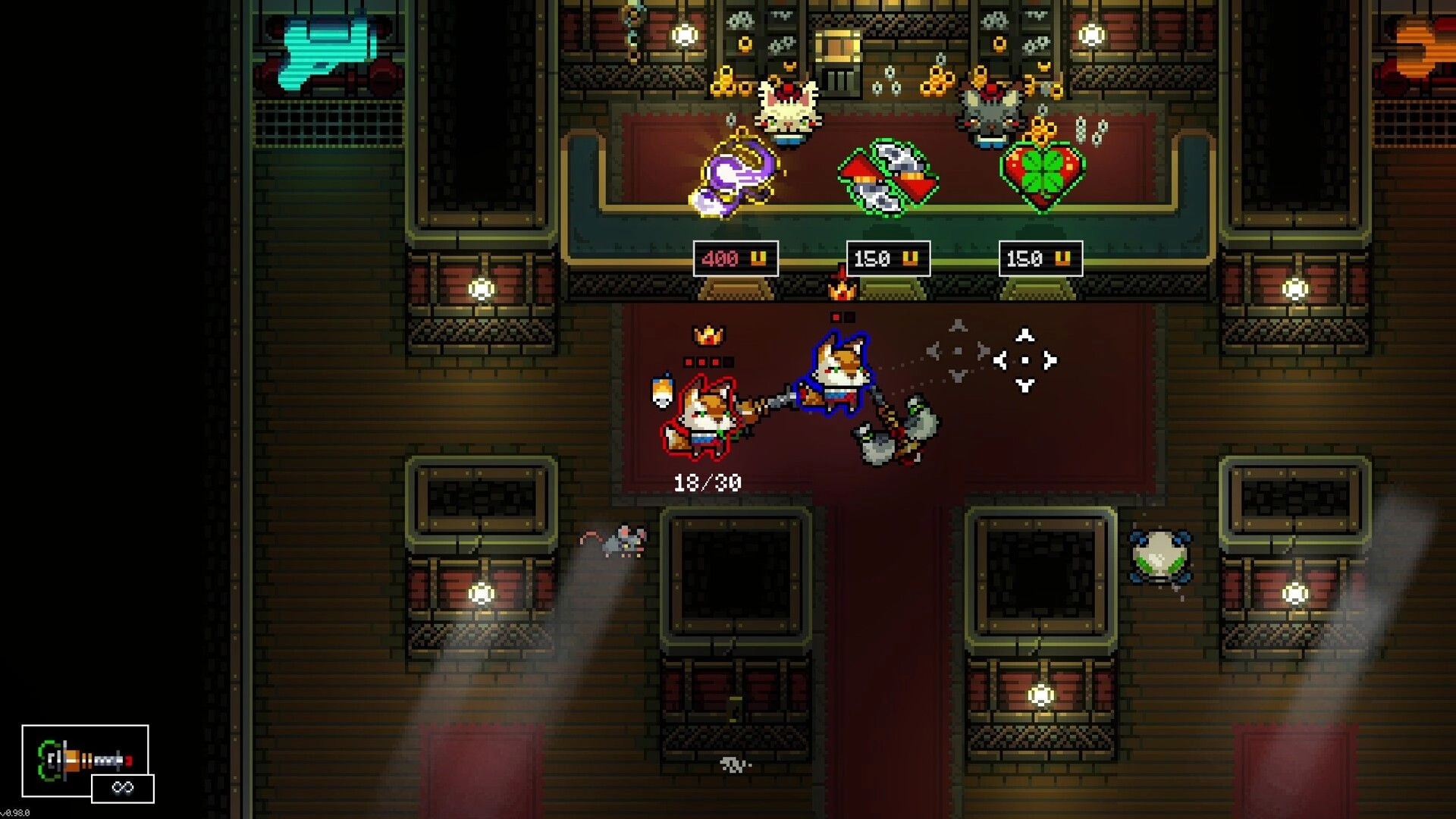 Mission Delta: Two co-op fox heroes browse shop items with price tags in a pixelated hallway hub.