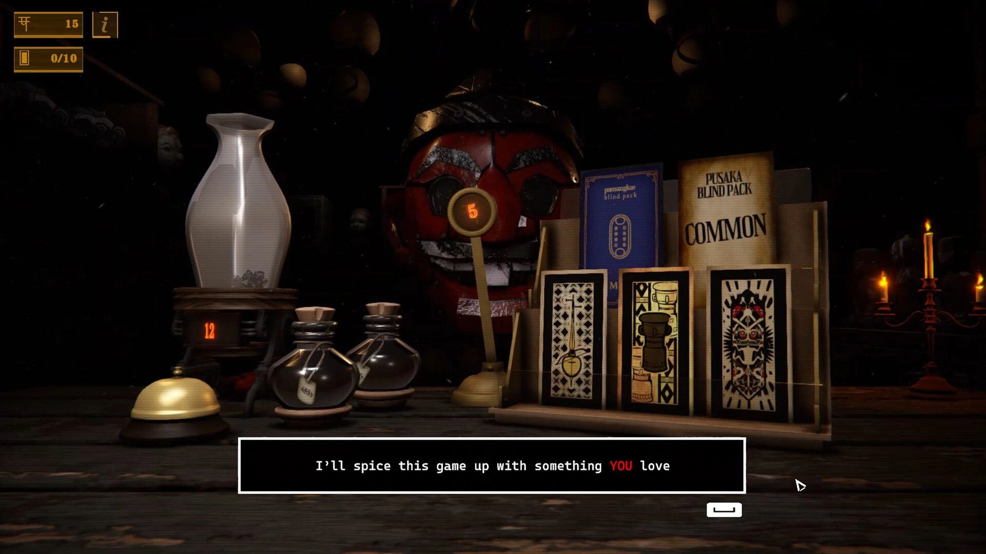 Mission Mancala: Blind pack shop UI with Common cards and jars on a candlelit table backdrop.