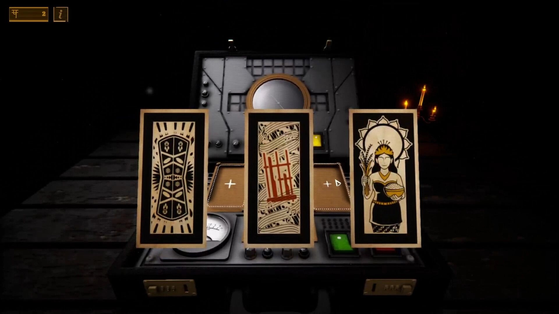 Mission Mancala: Three tarot-like cards on a console interface in a dark room lit by candles.