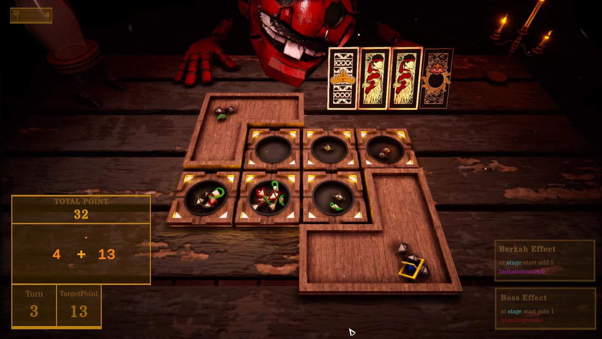 Mission Mancala: Mancala board puzzle with marbles and cards on a wooden table under a looming mask.