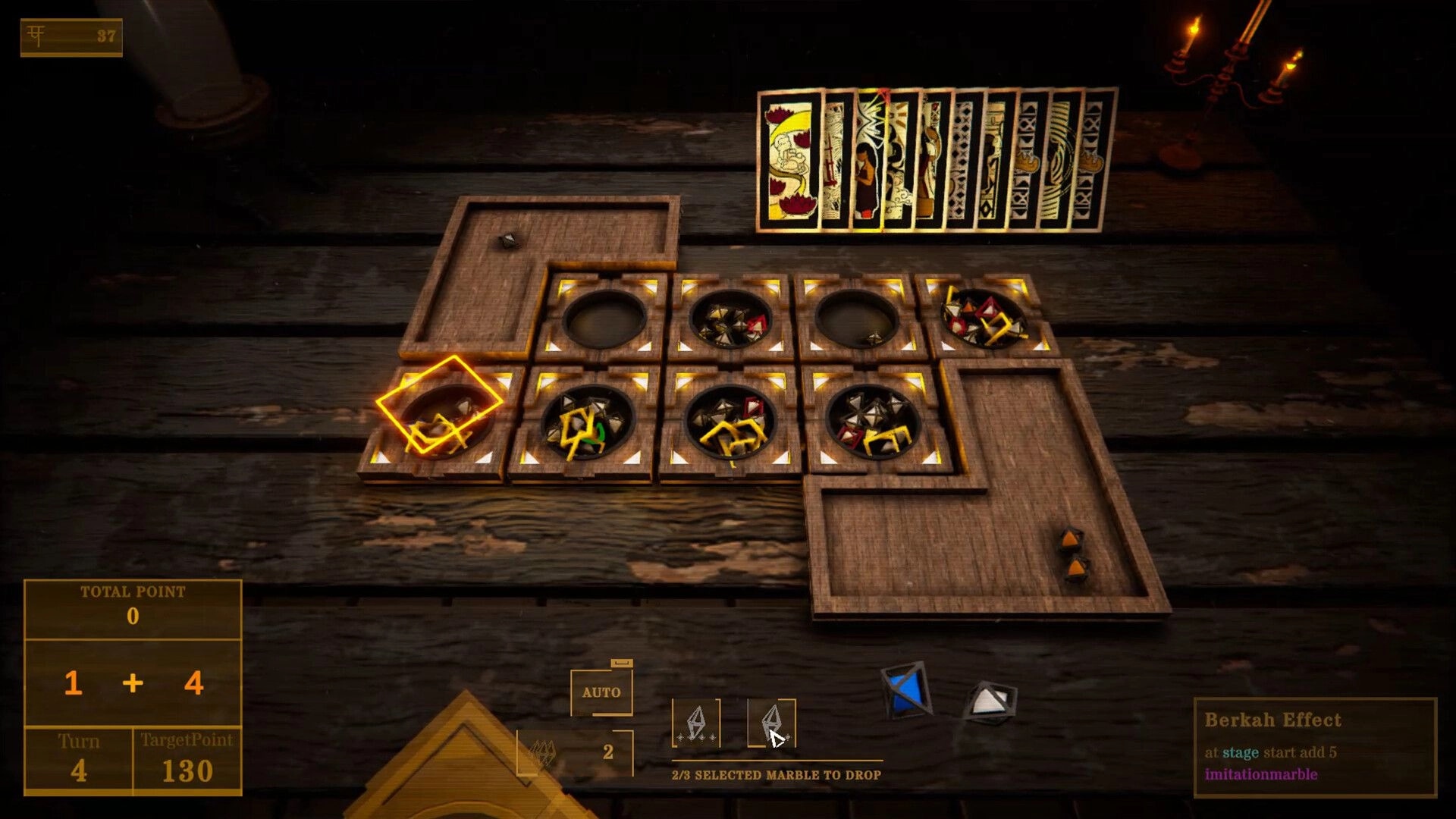 Mission Mancala: Mancala board with glowing pit highlight and card row on a dim wooden table UI.