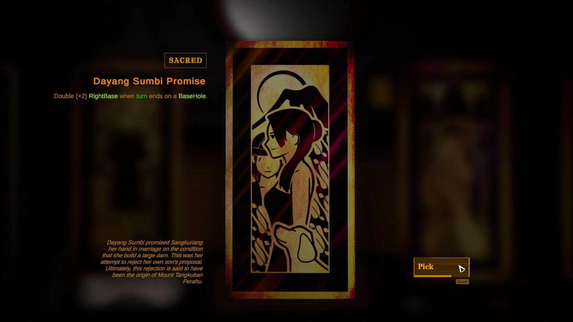 Mission Mancala: Sacred card pick screen for Dayang Sumbi Promise with art panel and Pick button UI.