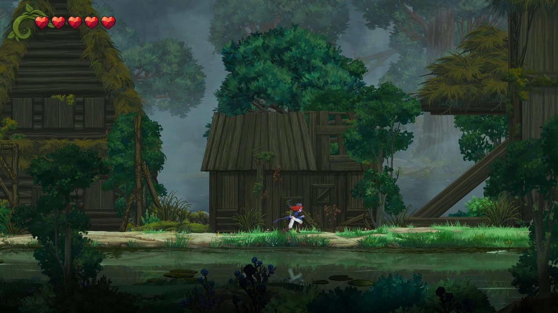 Misspell: Character runs past a wooden cabin in a lush forest with heart-shaped health icons shown