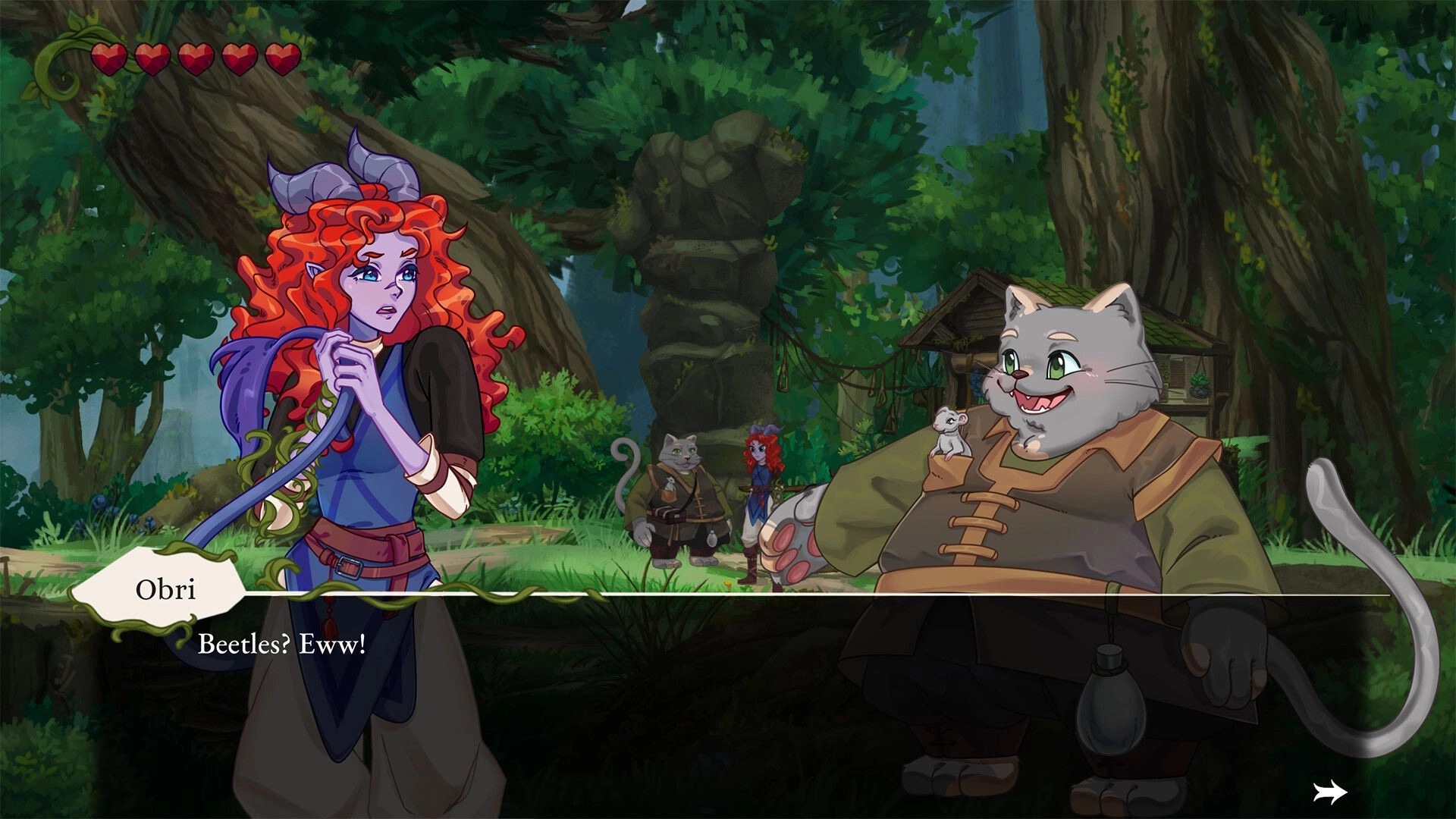 Misspell: Obri reacts to beetles in a lush forest, interacting with a talking cat character nearby.