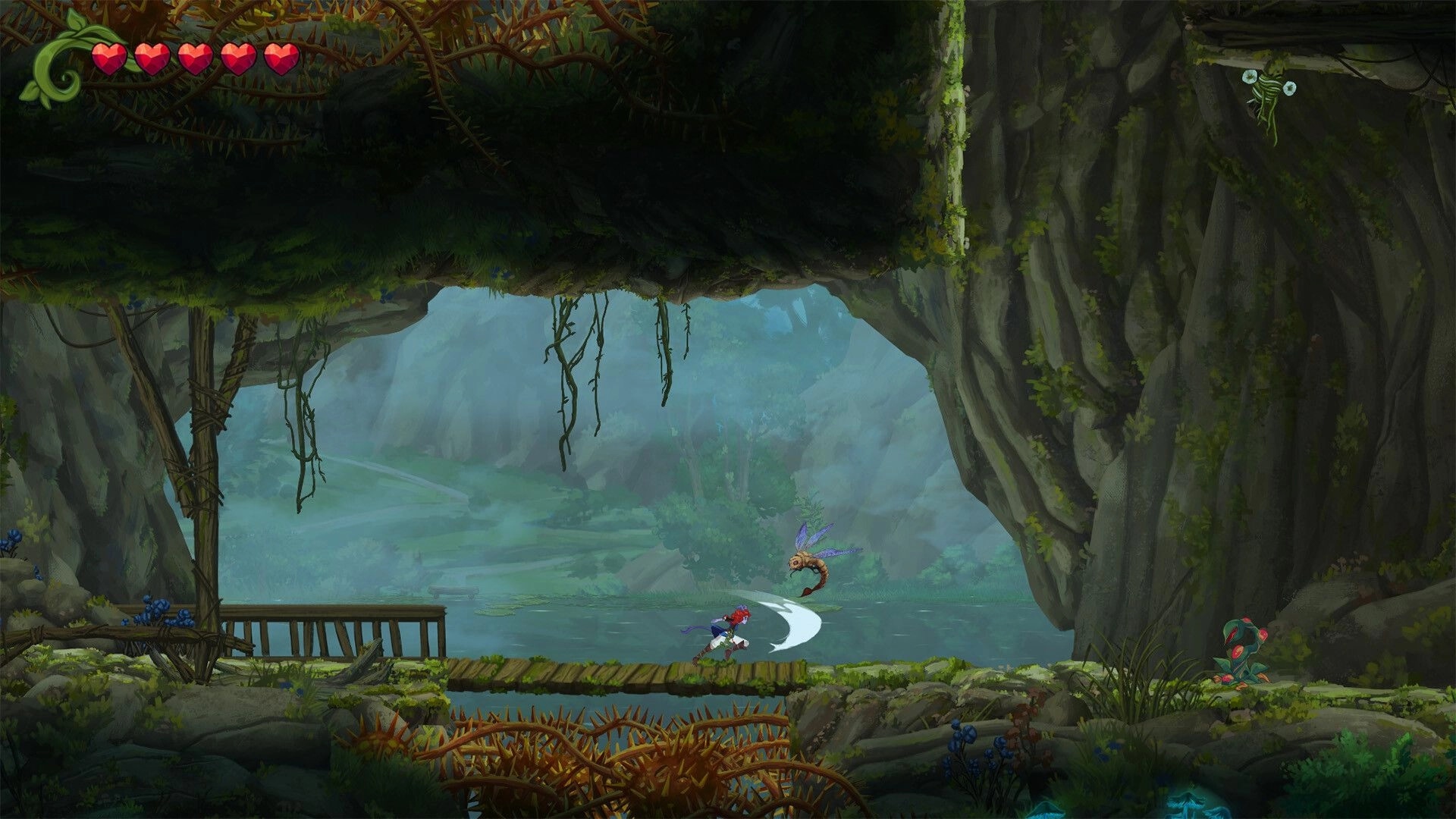 Misspell: Player attacks flying creature on a wooden bridge in a lush, vine-covered cavern environment
