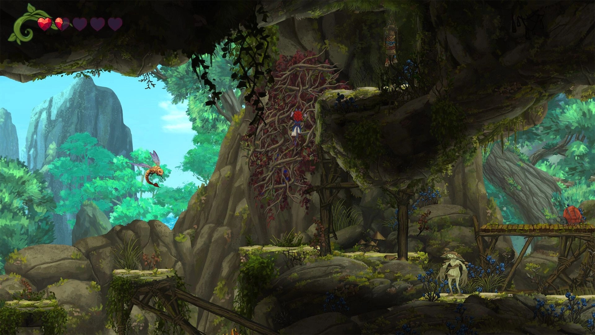 Misspell: Character climbs vine wall in lush forest with flying creature and wooden bridge nearby