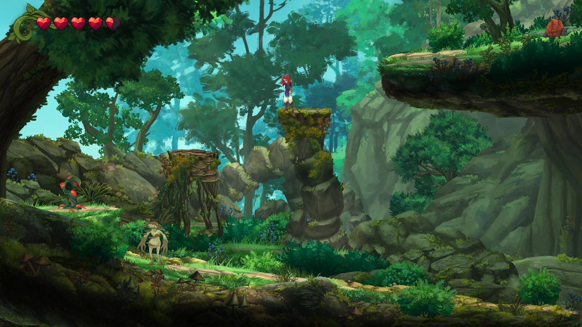 Misspell: Character stands on a cliff above a forest landscape with health hearts displayed.