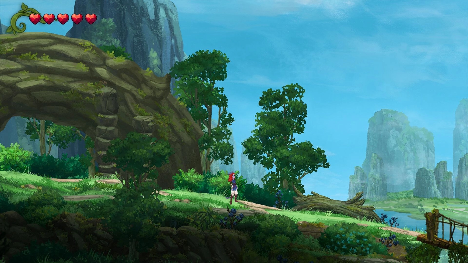 Misspell: Character explores lush forest path under blue sky with hearts UI displayed at top left