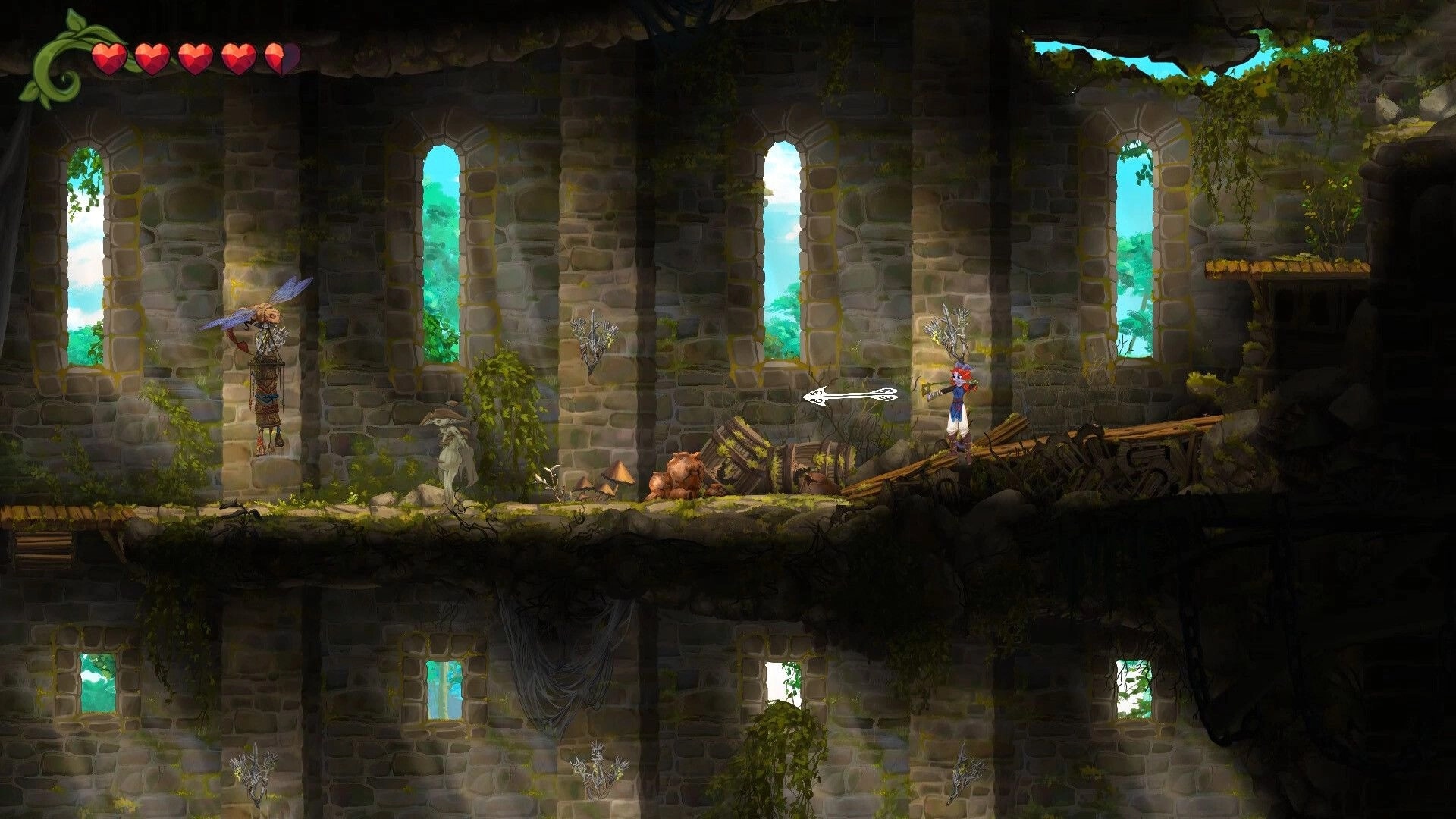 Misspell: Character explores a vine-covered stone ruin with heart-shaped health icons visible