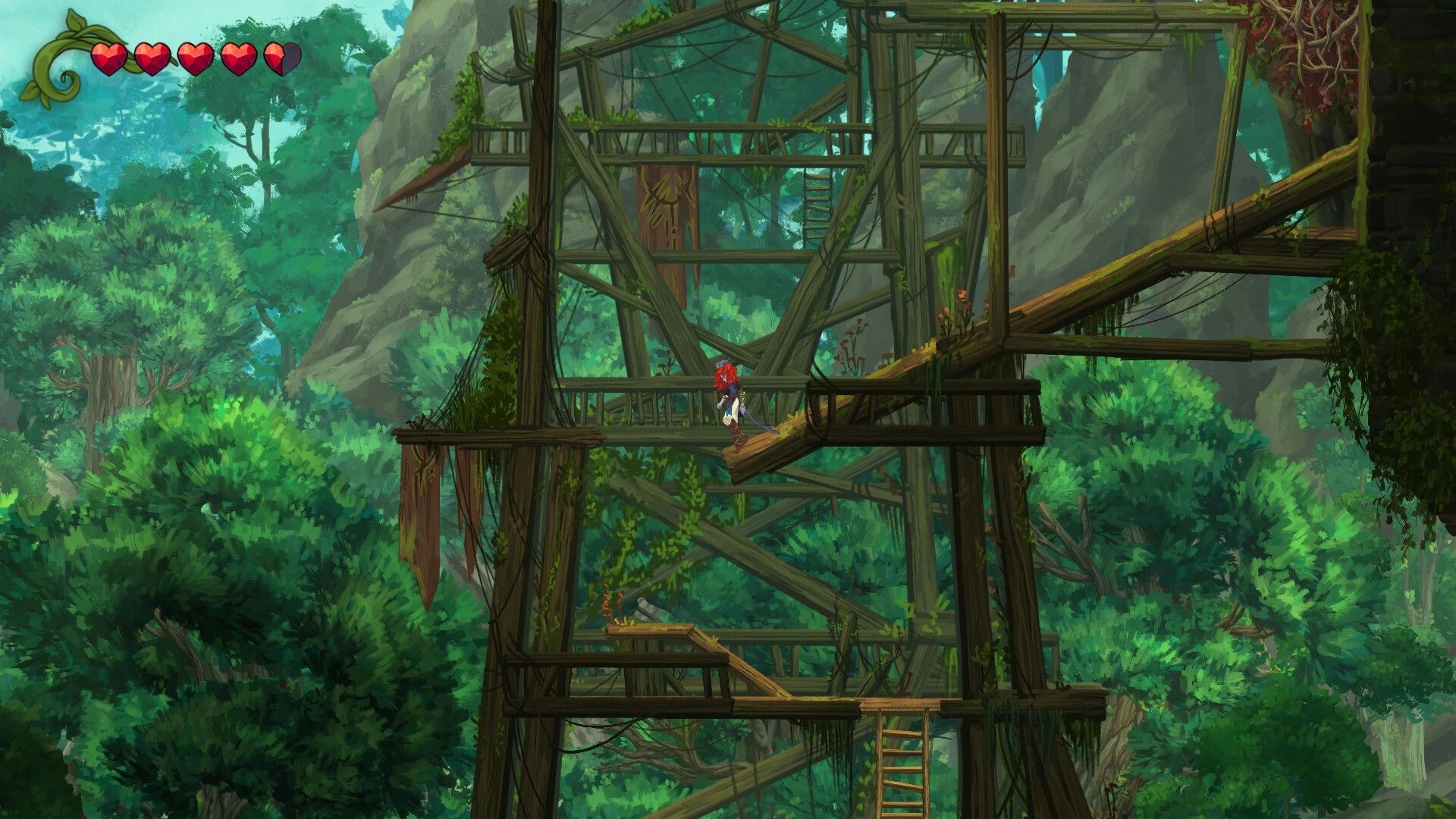 Misspell: Character traverses wooden platforms in a lush forest environment with health hearts displayed