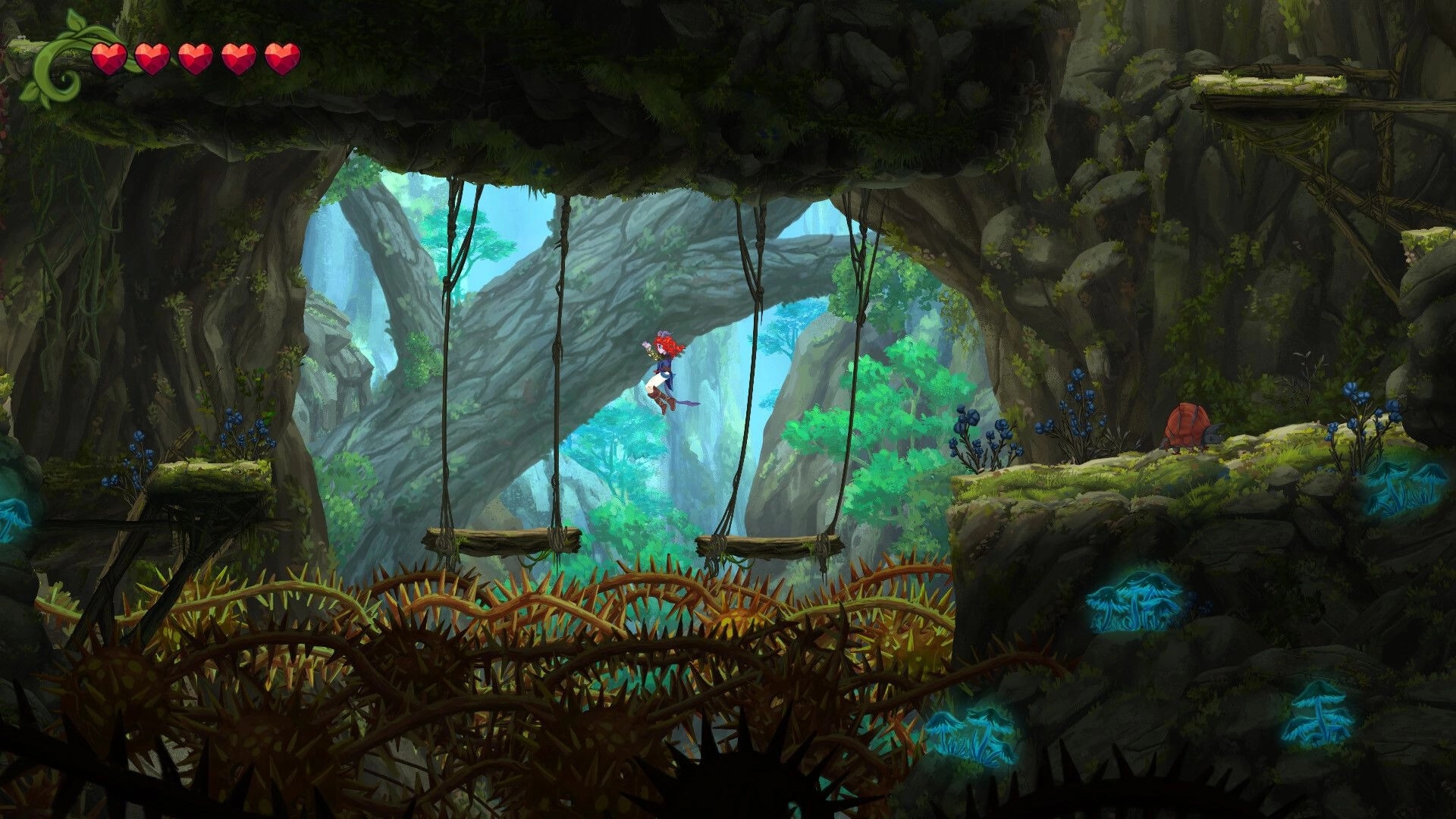 Misspell: Character leaps across swinging platforms in a lush, overgrown cave with glowing mushrooms.