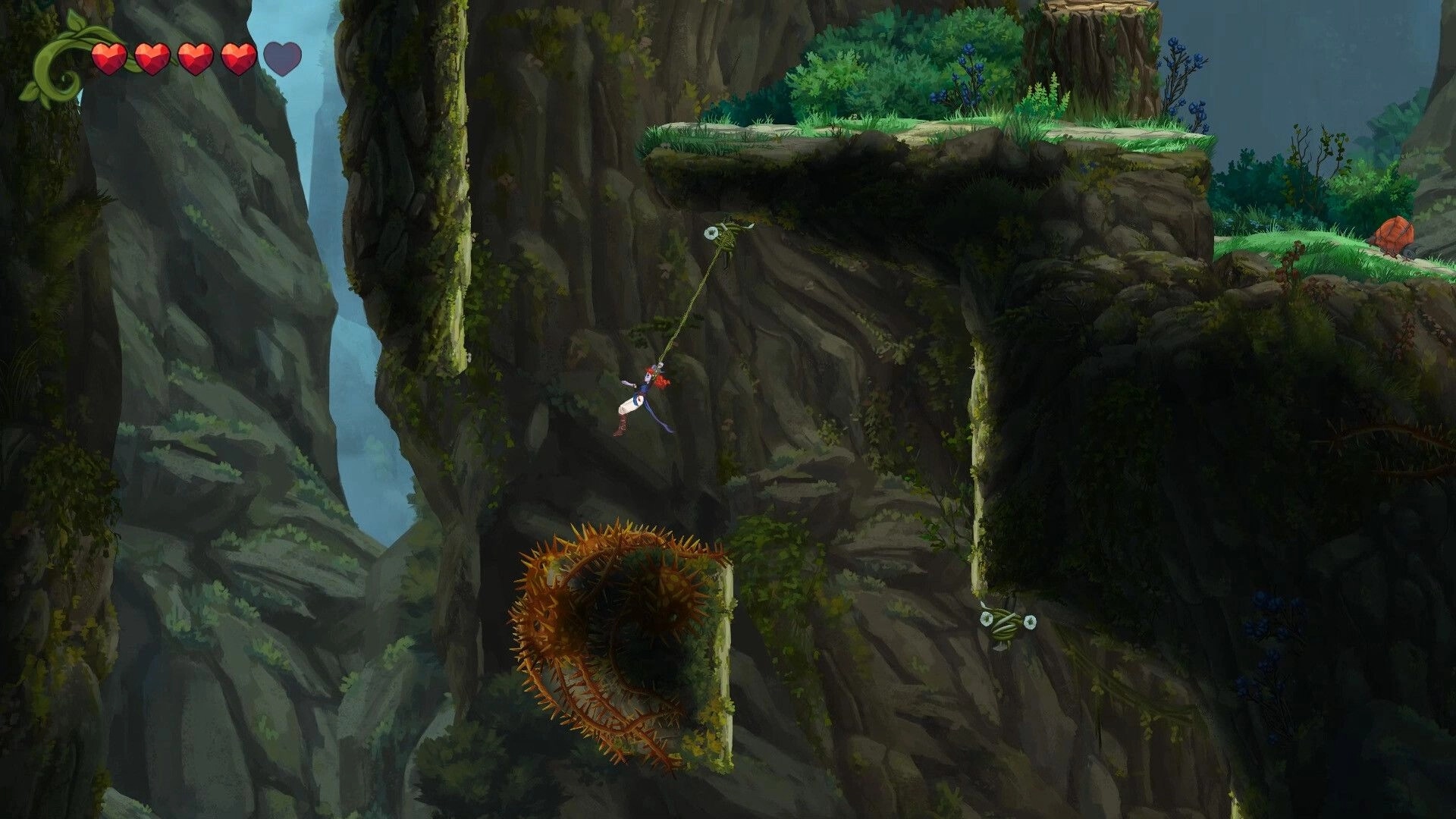 Misspell: Character swings on vine over spiky platform in lush, rocky canyon setting with health bar visible