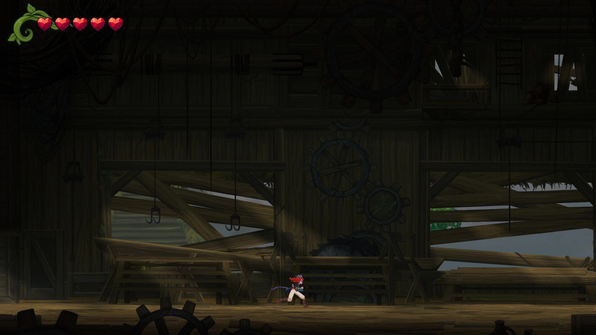 Misspell: Player character running through a dim wooden workshop with gears and a vine-themed health bar